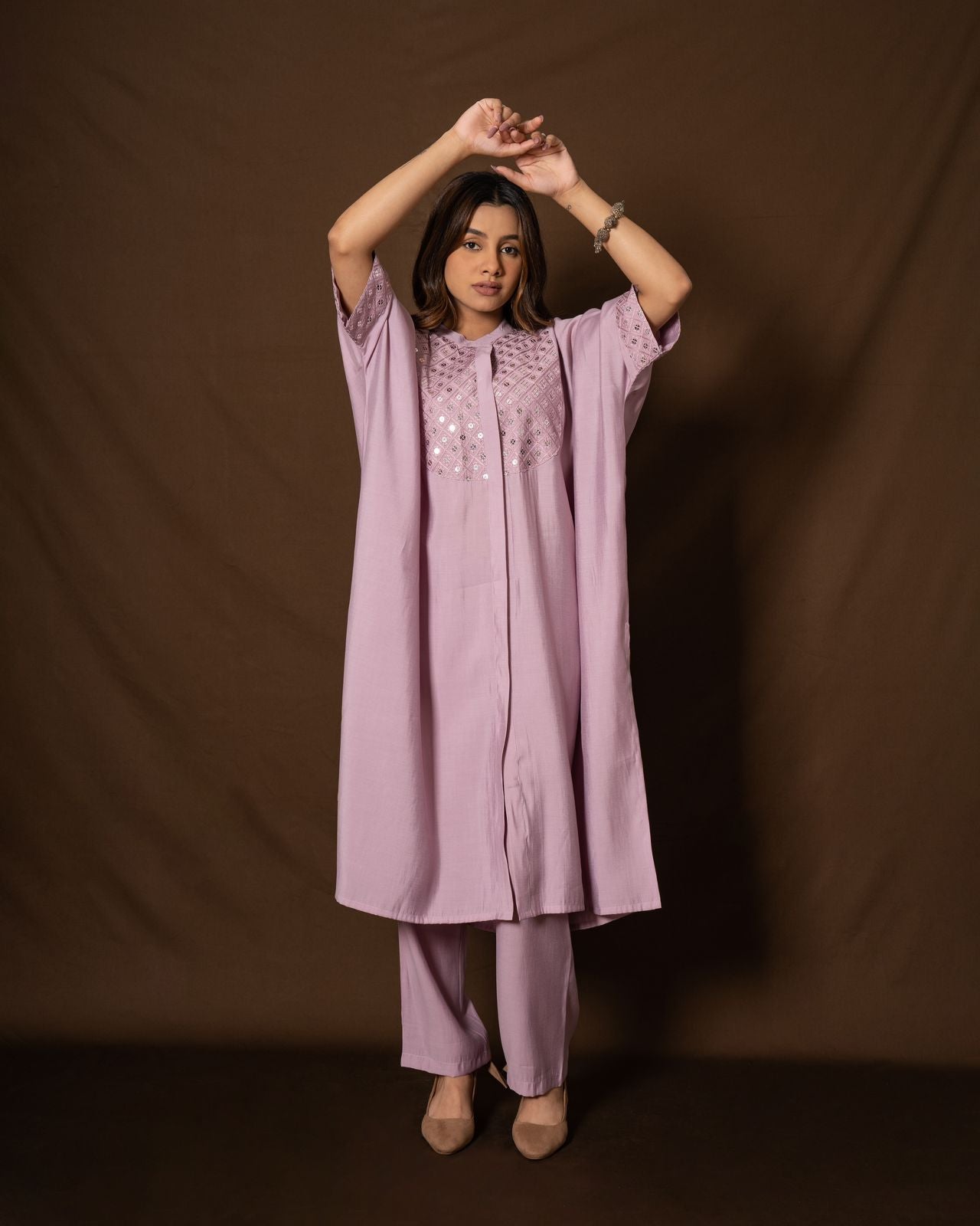 Lilac Dusk Roman Silk Embroidered Kaftan Co-ord Set