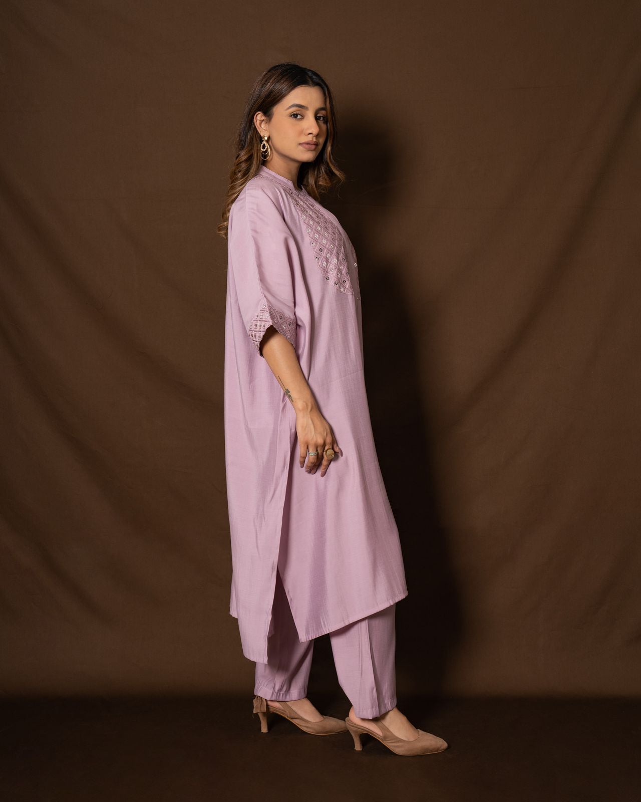 Lilac Dusk Roman Silk Embroidered Kaftan Co-ord Set