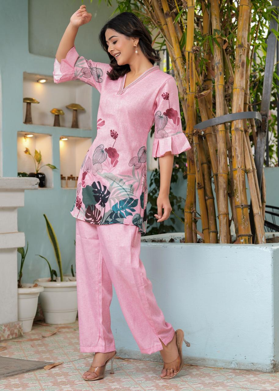 Neerja Pink Floral Print Roman Silk Co-ord Set