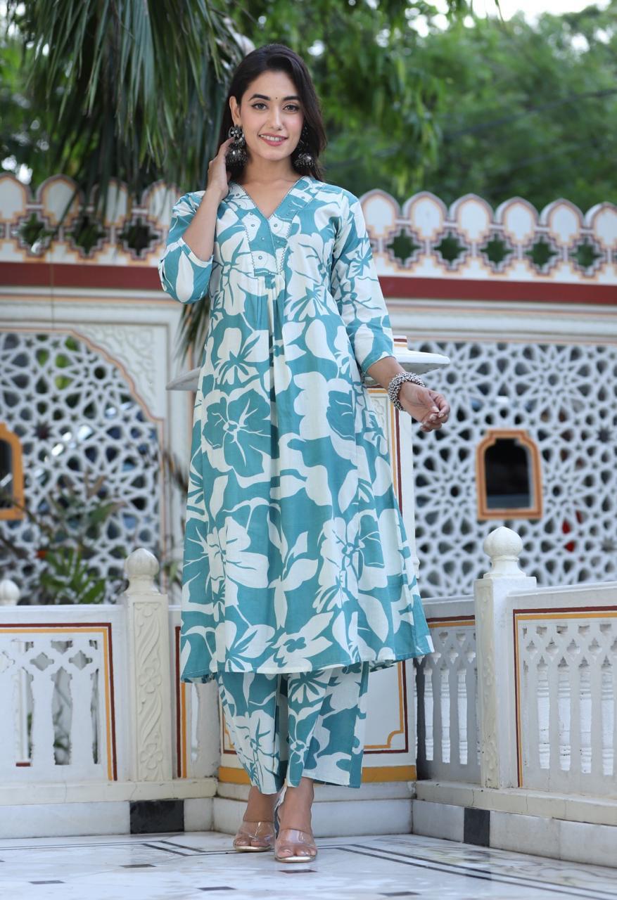 Jalpari Teal Blue Printed Cotton Co-ord Set