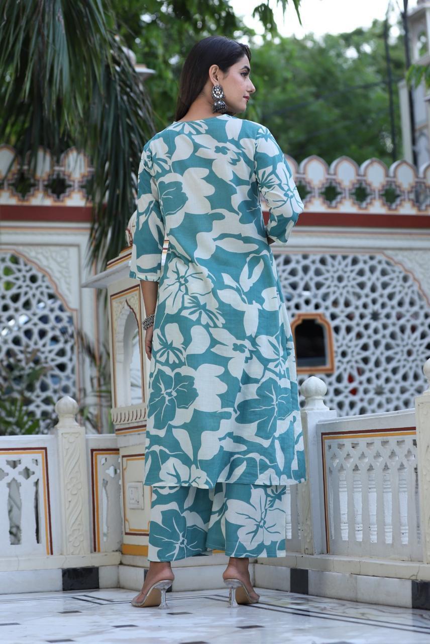 Jalpari Teal Blue Printed Cotton Co-ord Set