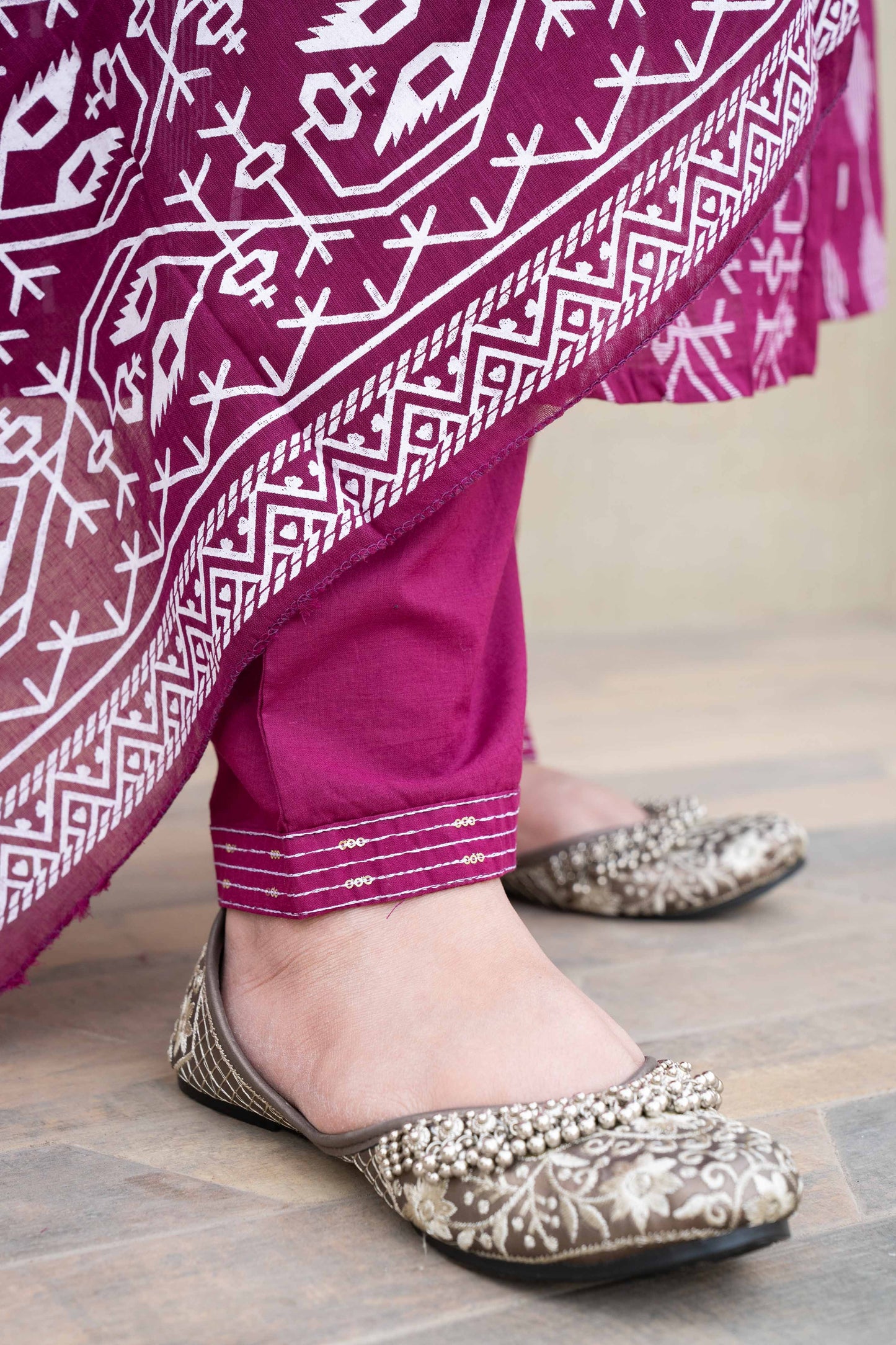 Anaarbaari Wine Ikat Handblock Printed Cotton Kurta Set