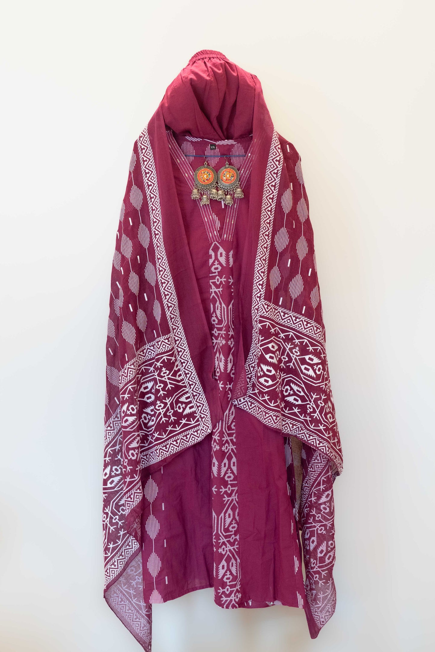 Anaarbaari Wine Ikat Handblock Printed Cotton Kurta Set