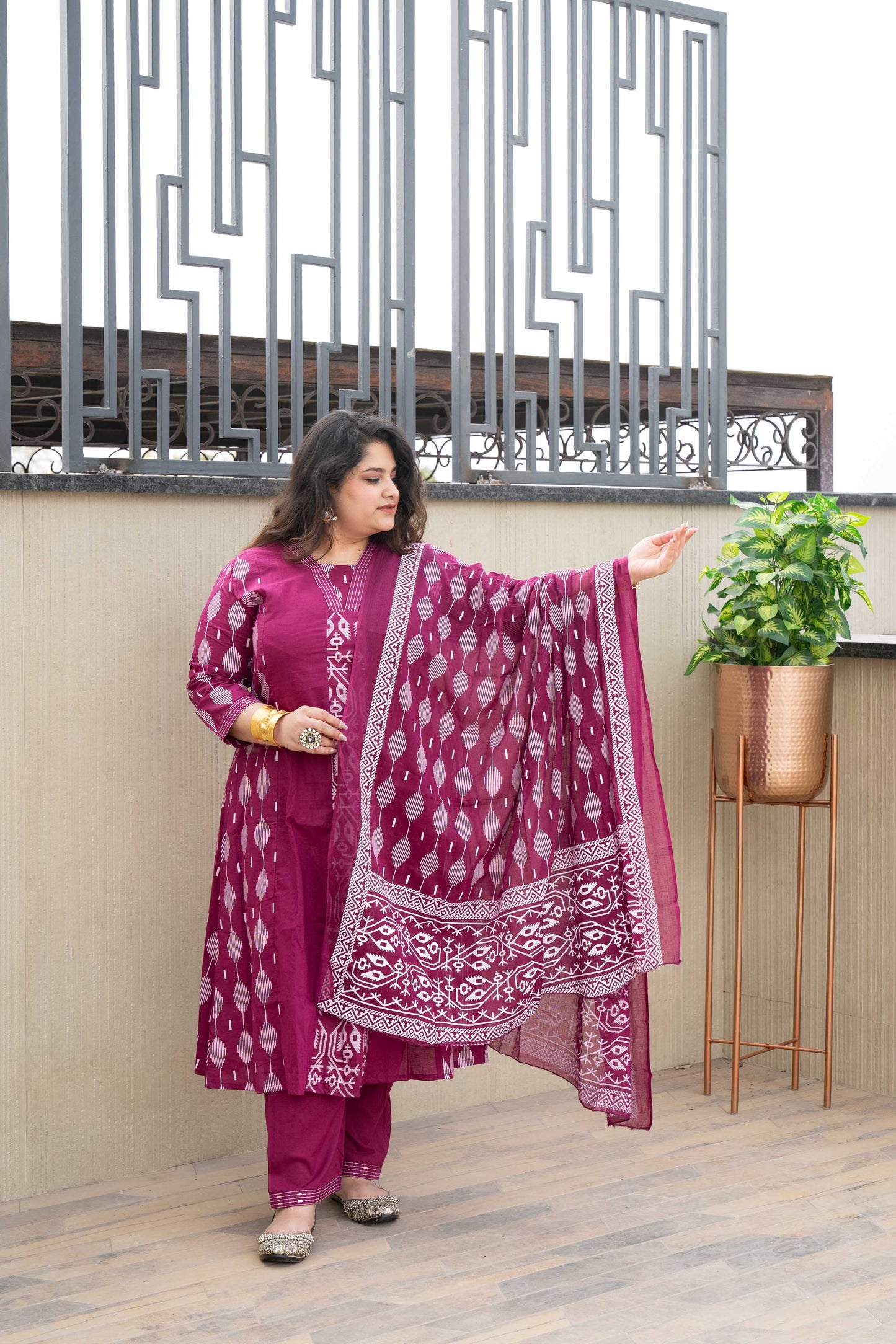 Anaarbaari Wine Ikat Handblock Printed Cotton Kurta Set