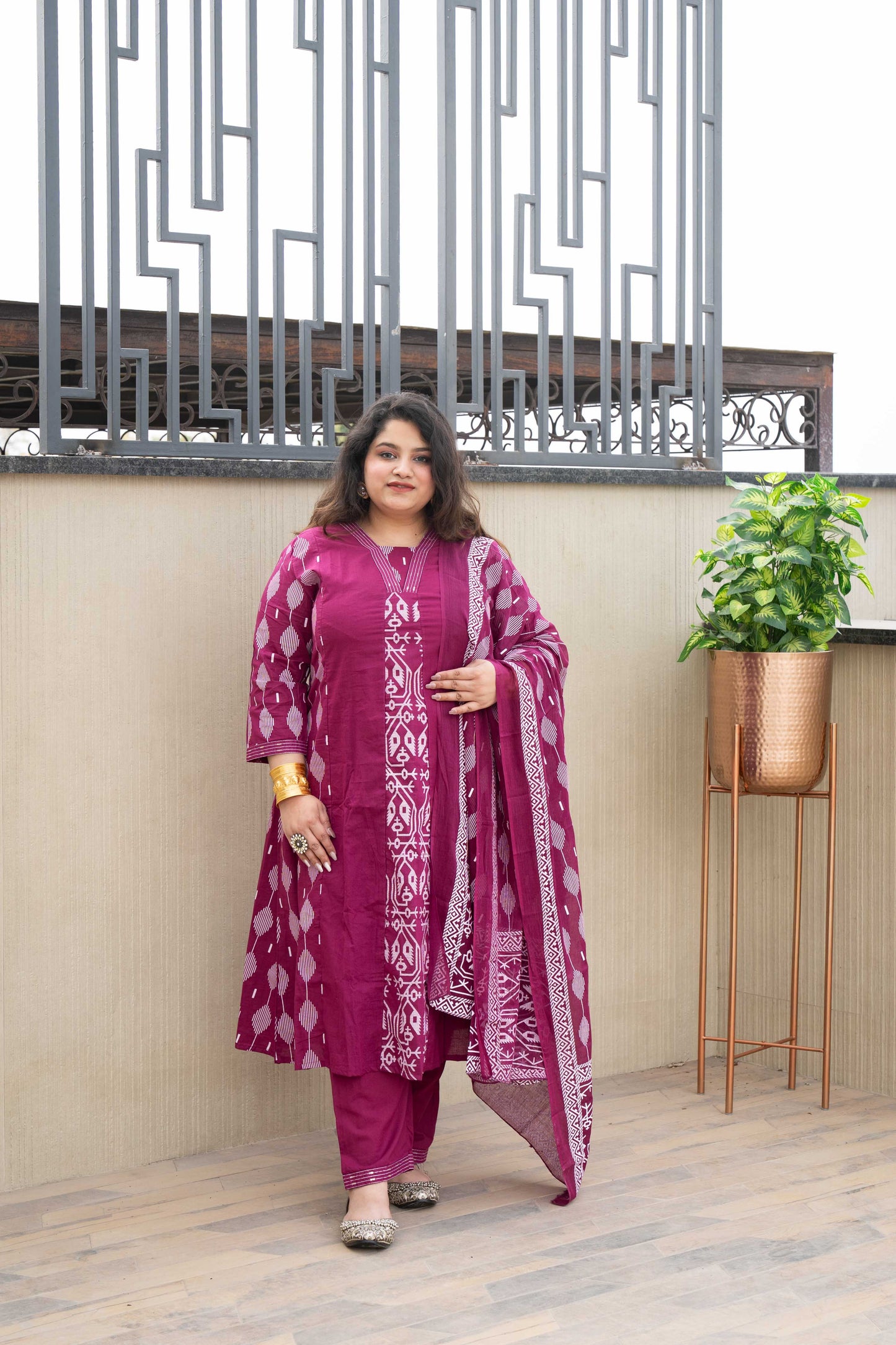 Anaarbaari Wine Ikat Handblock Printed Cotton Kurta Set
