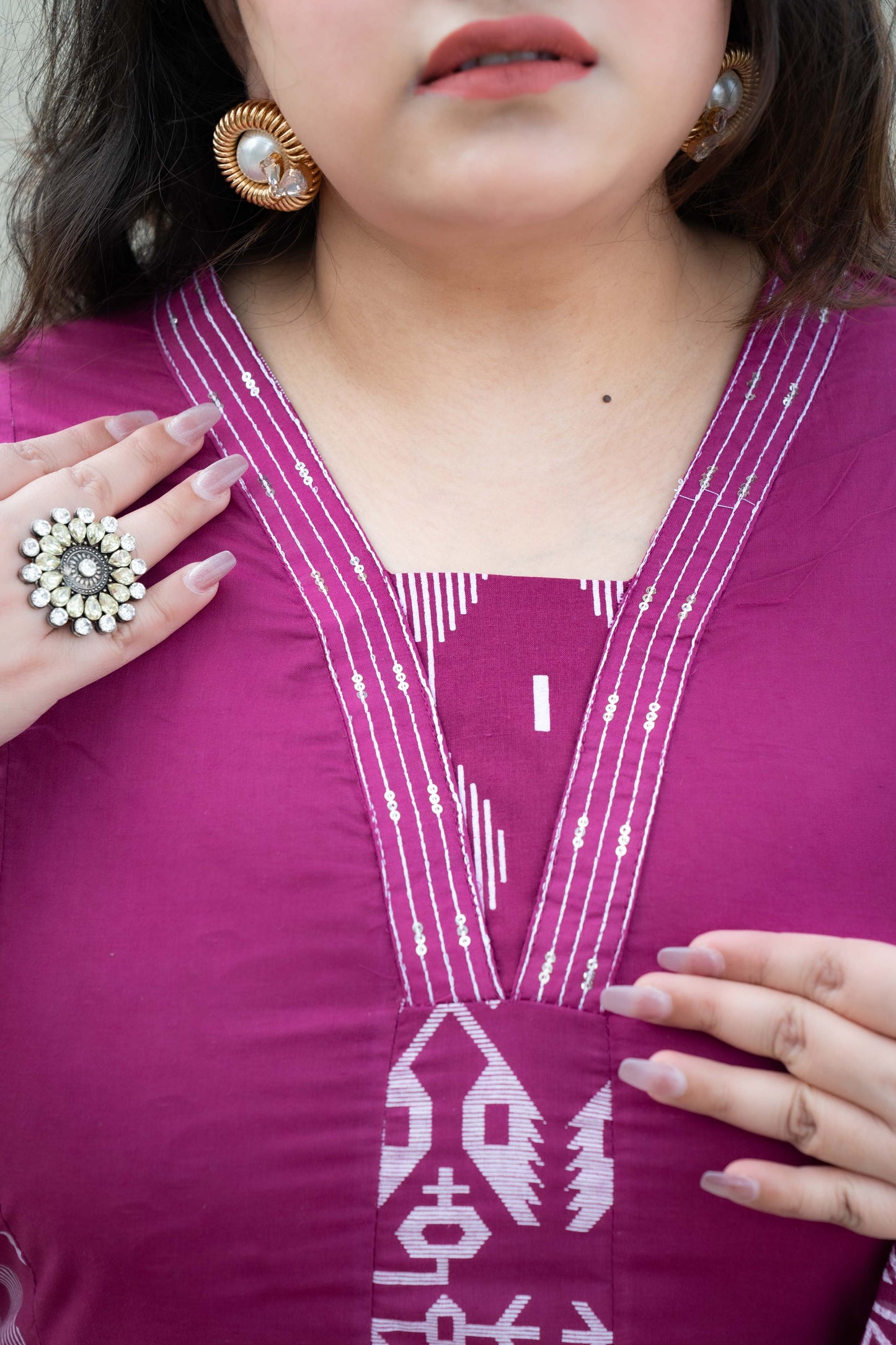 Anaarbaari Wine Ikat Handblock Printed Cotton Kurta Set