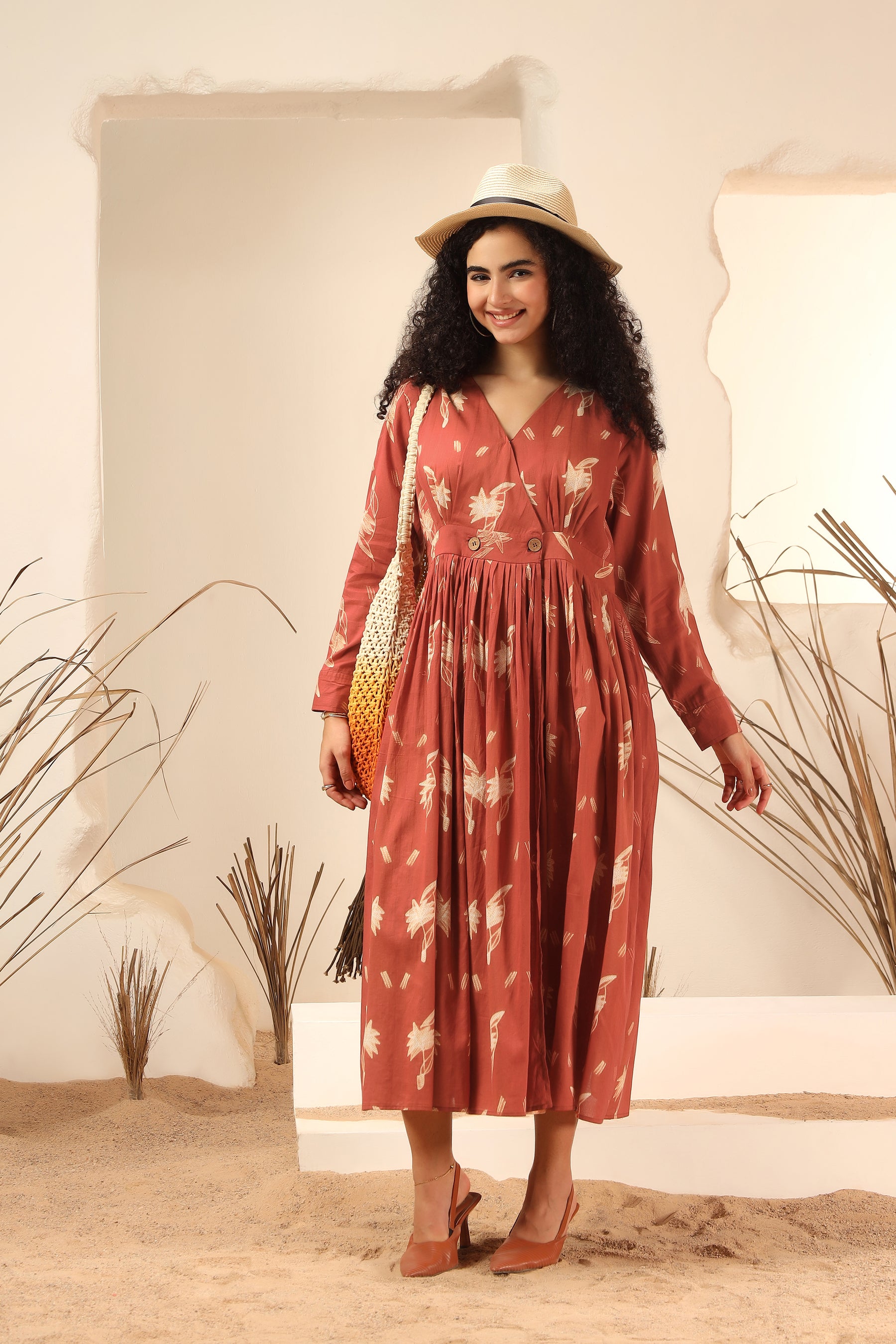 Kokum red shibori tie-dye cotton wrap dress with flowy silhouette - World of Toji