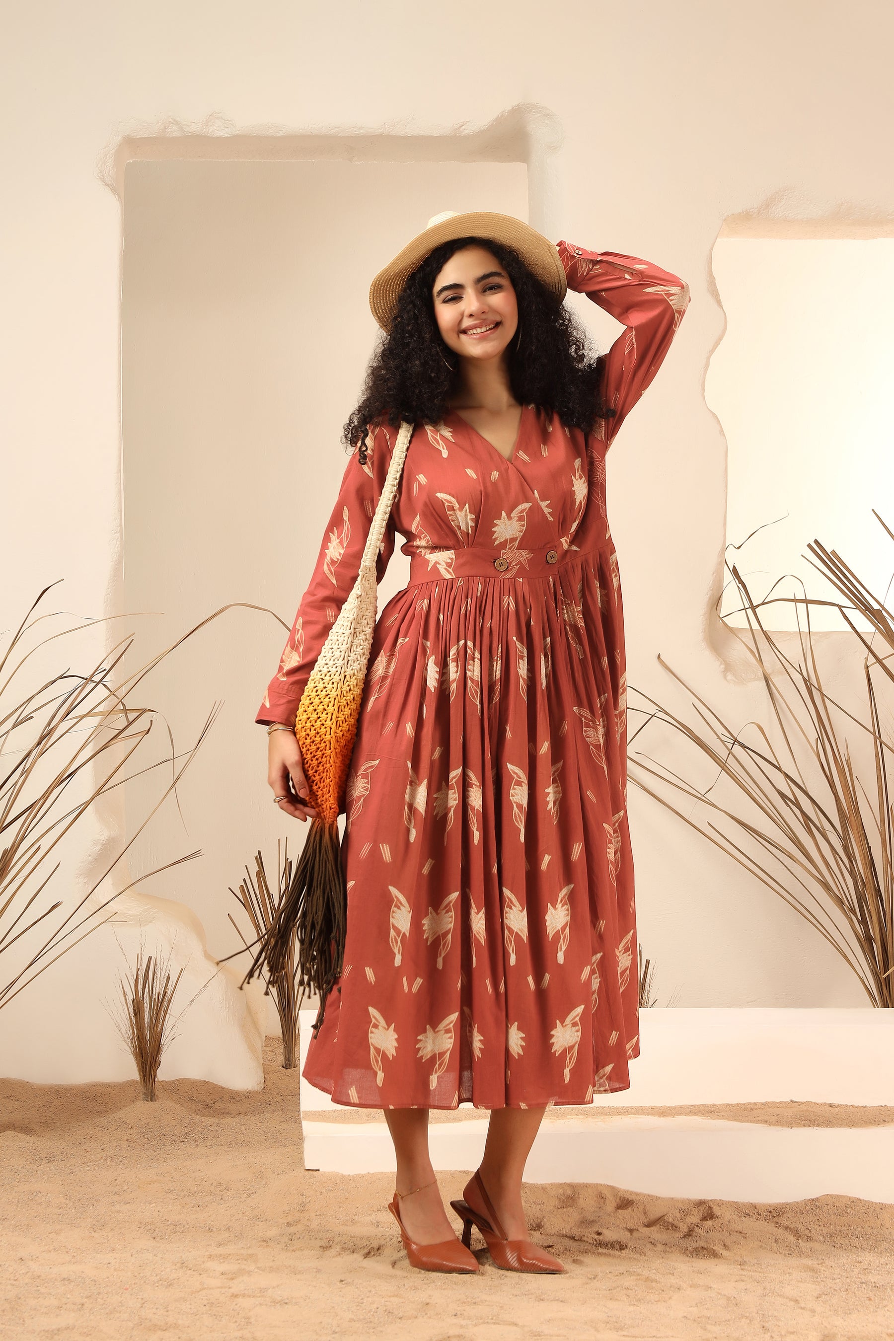 Kokum red shibori tie-dye cotton wrap dress with flowy silhouette - World of Toji
