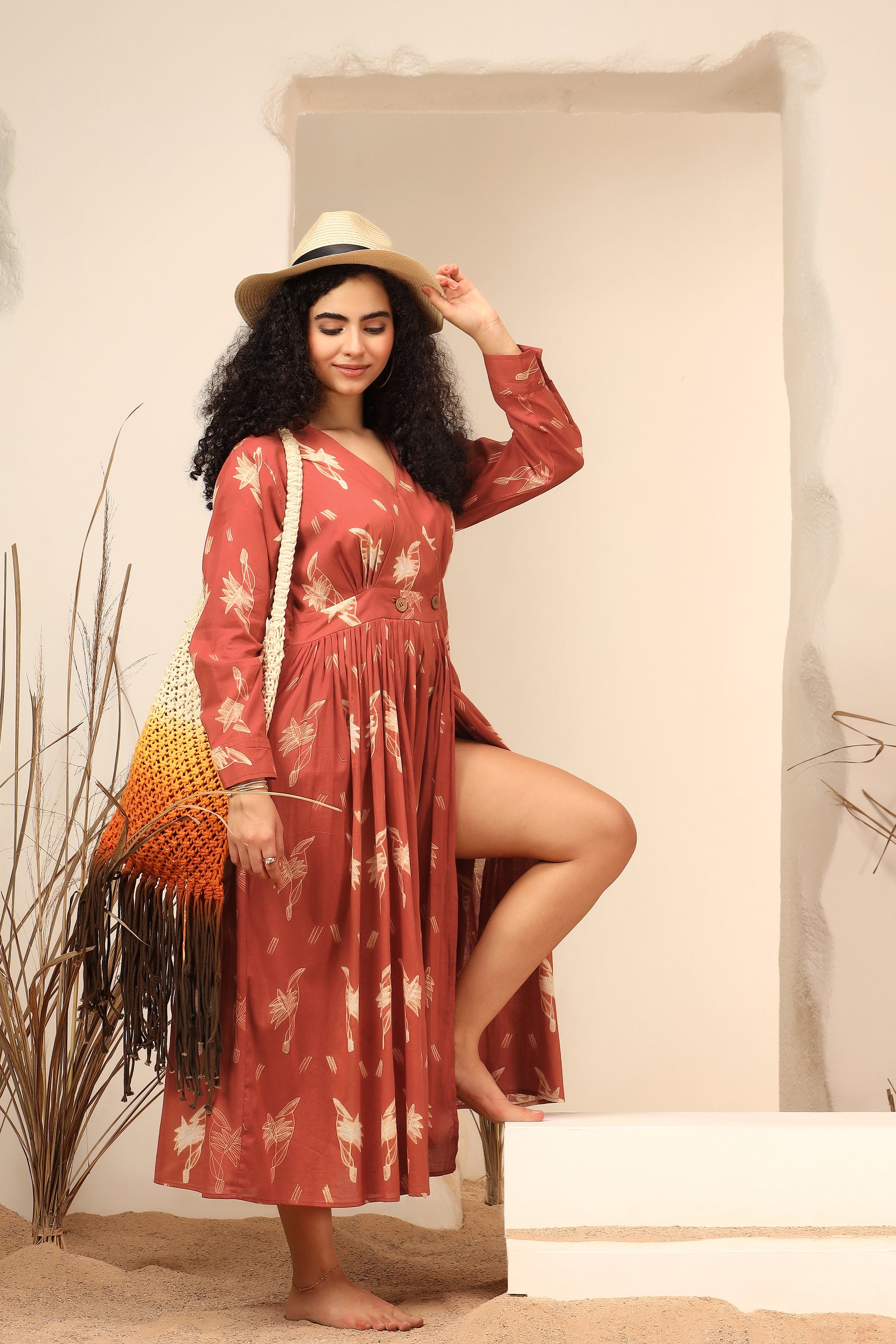 Kokum red shibori tie-dye cotton wrap dress with flowy silhouette - World of Toji