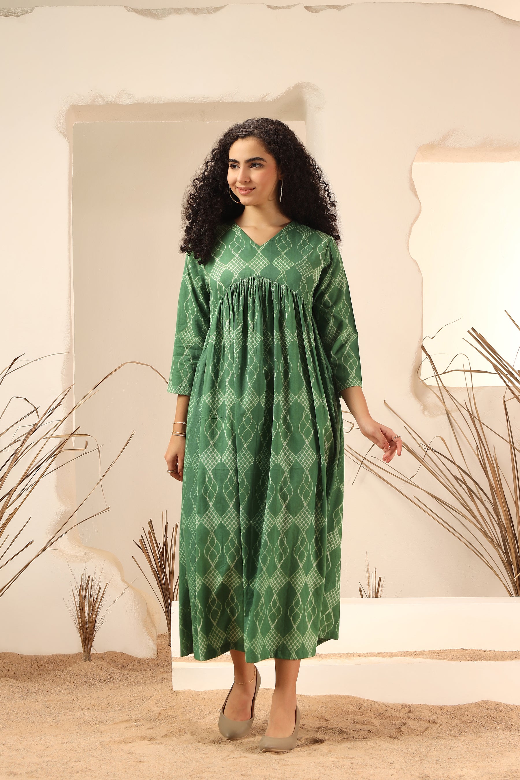 Khus green shibori tie-dye cotton kali dress with flared panel skirt - World of Toji