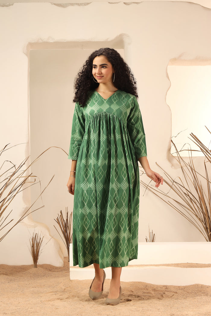 Khus Green Shibori Cotton Kali Dress