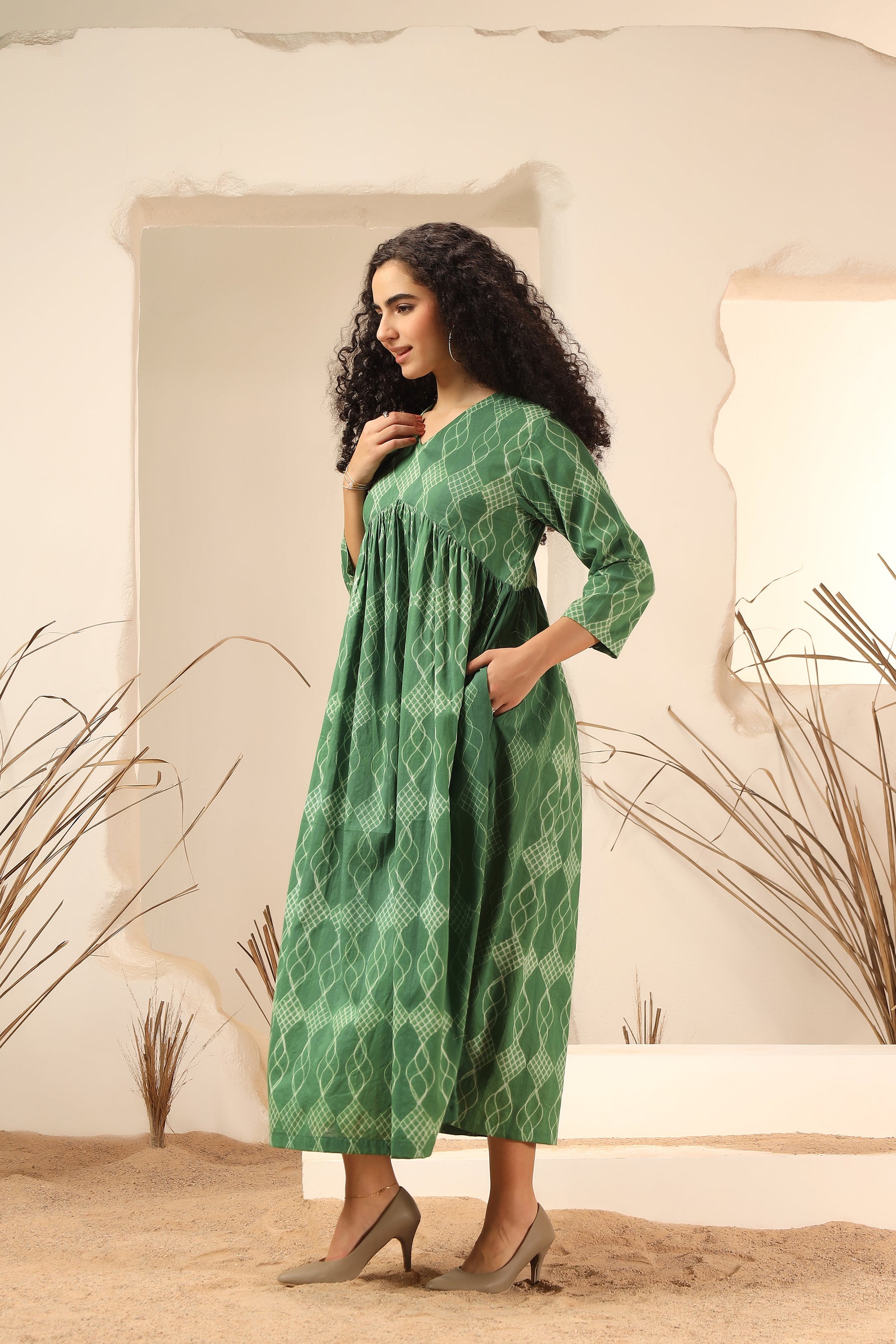 Khus green shibori tie-dye cotton kali dress with flared panel skirt - World of Toji