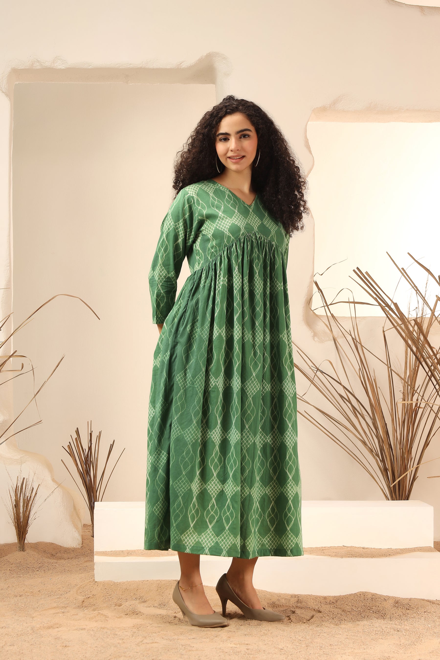 Khus green shibori tie-dye cotton kali dress with flared panel skirt - World of Toji