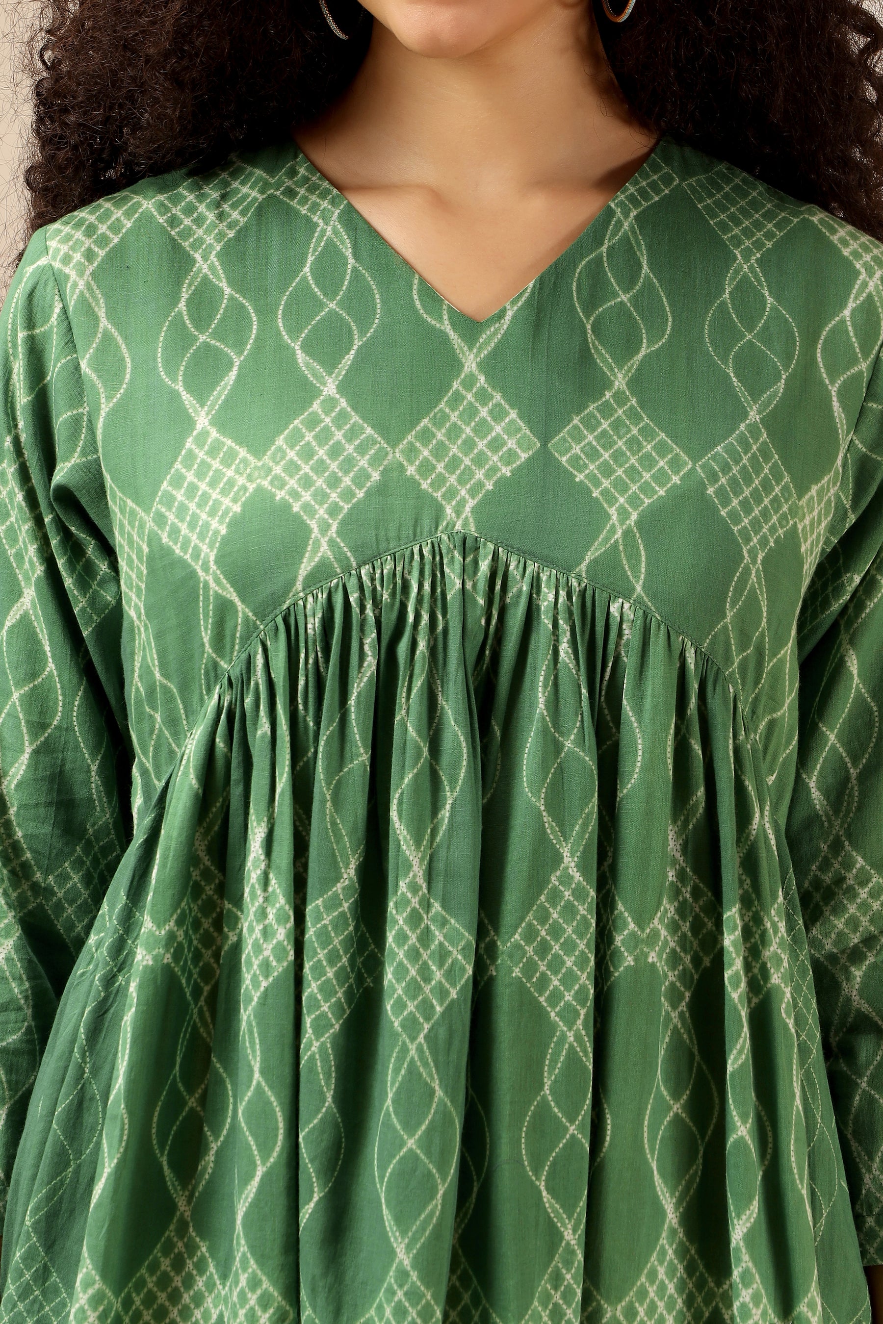 Khus green shibori tie-dye cotton kali dress with flared panel skirt - World of Toji