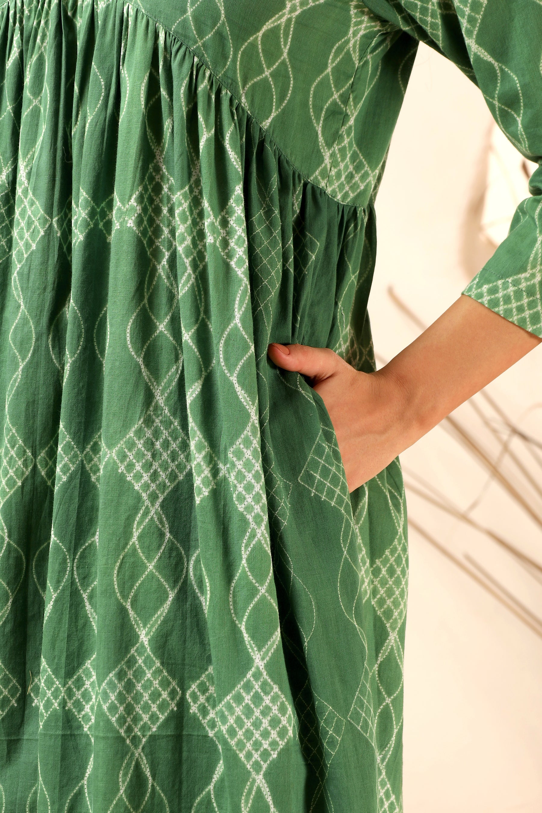 Khus green shibori tie-dye cotton kali dress with flared panel skirt - World of Toji