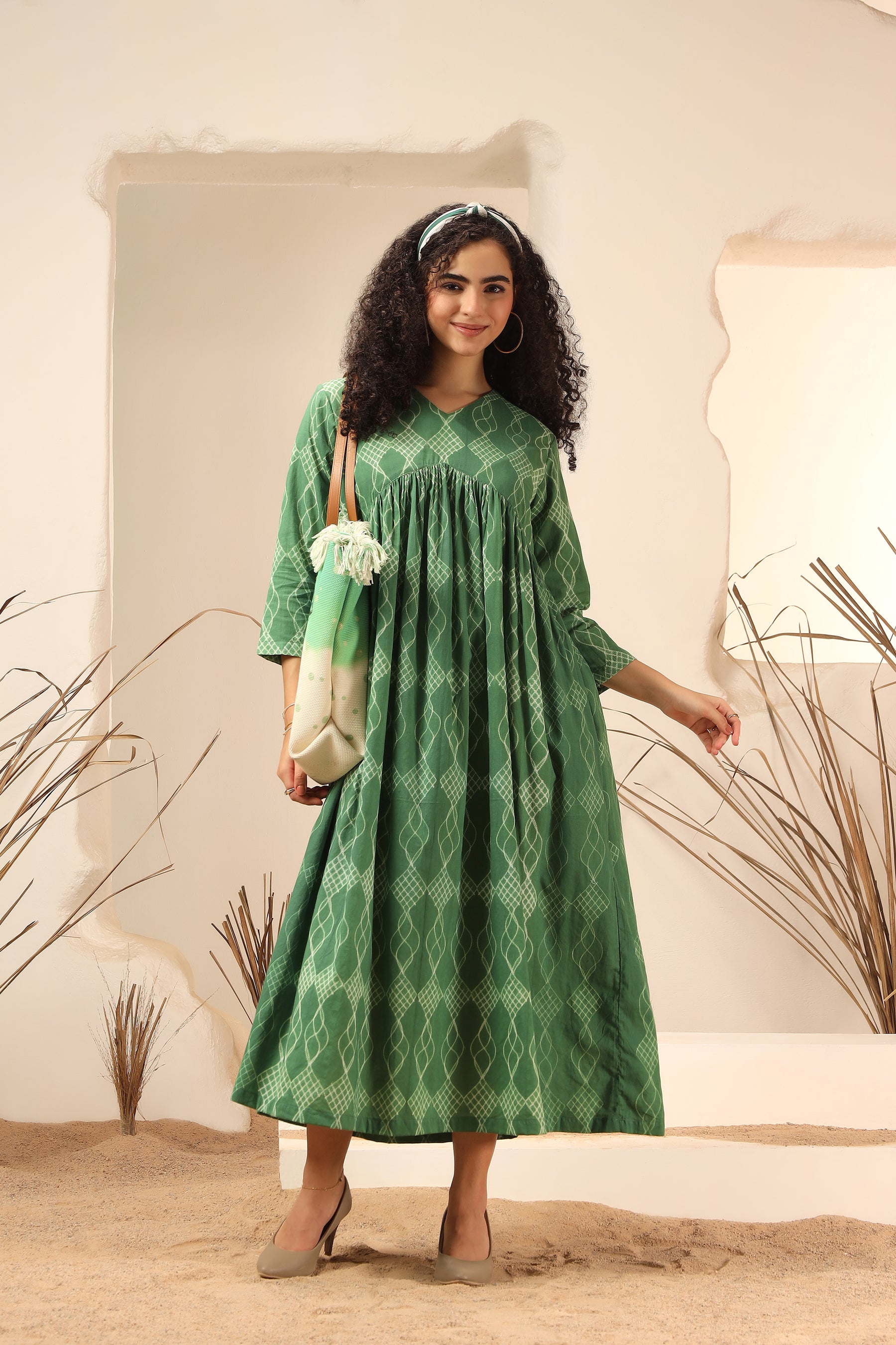 Khus green shibori tie-dye cotton kali dress with flared panel skirt - World of Toji