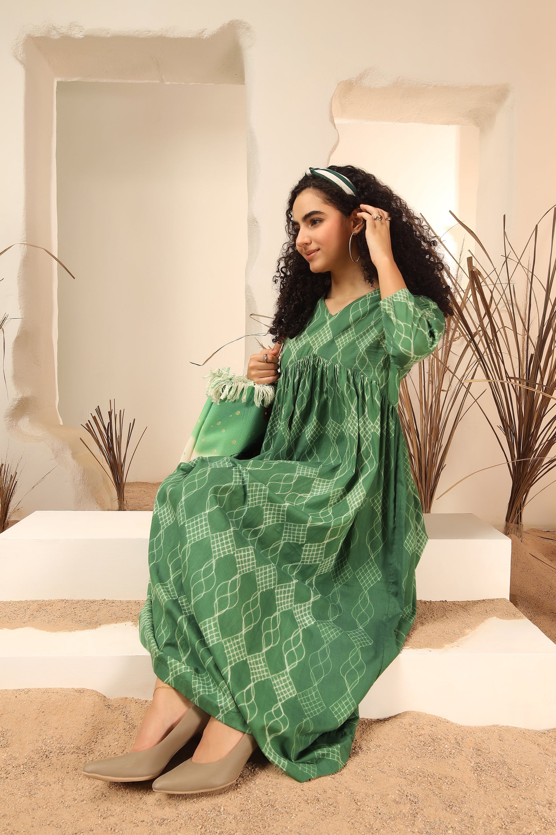 Khus green shibori tie-dye cotton kali dress with flared panel skirt - World of Toji