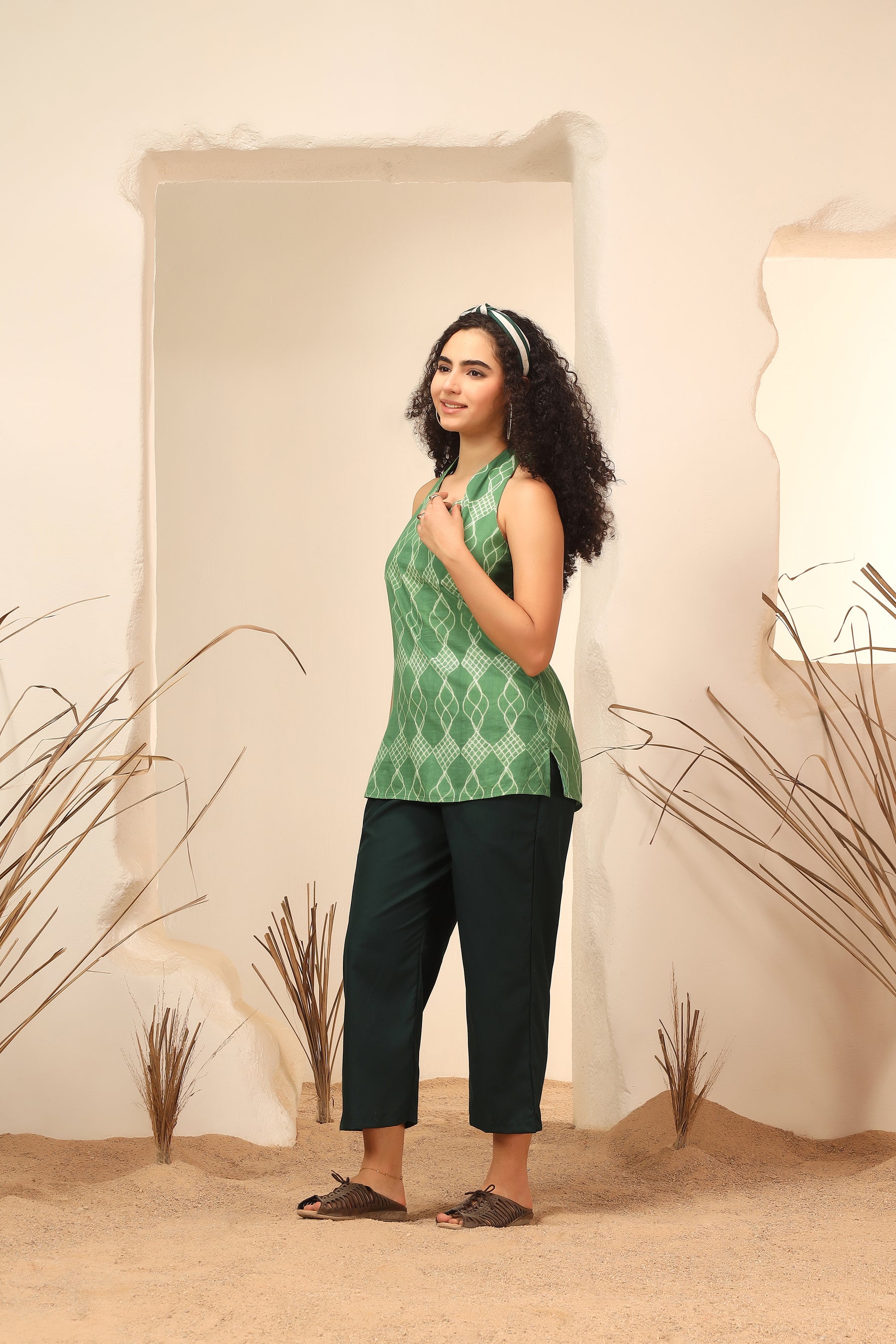 Khus green shibori tie-dye cotton halter top for women - World of Toji