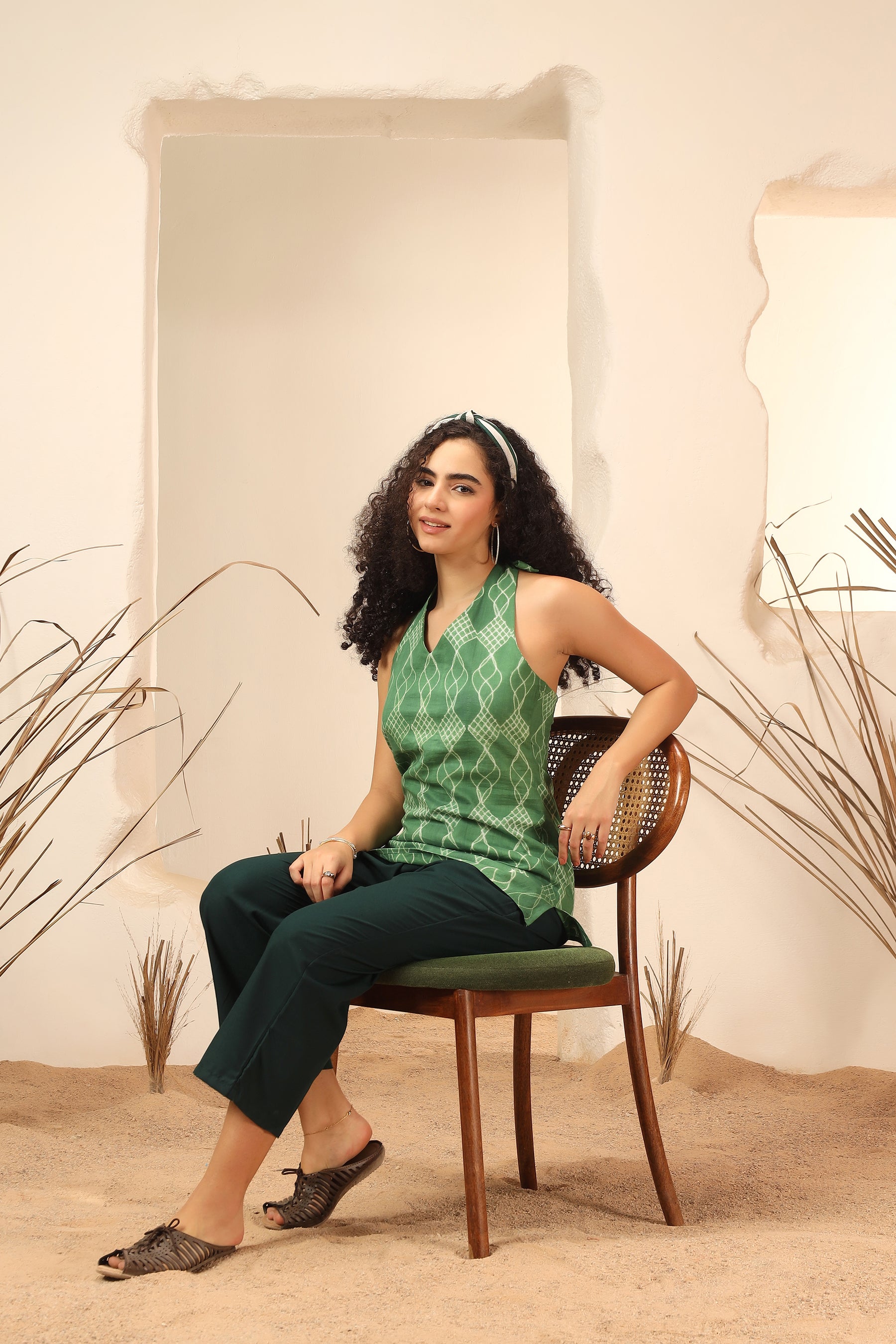 Khus green shibori tie-dye cotton halter top for women - World of Toji