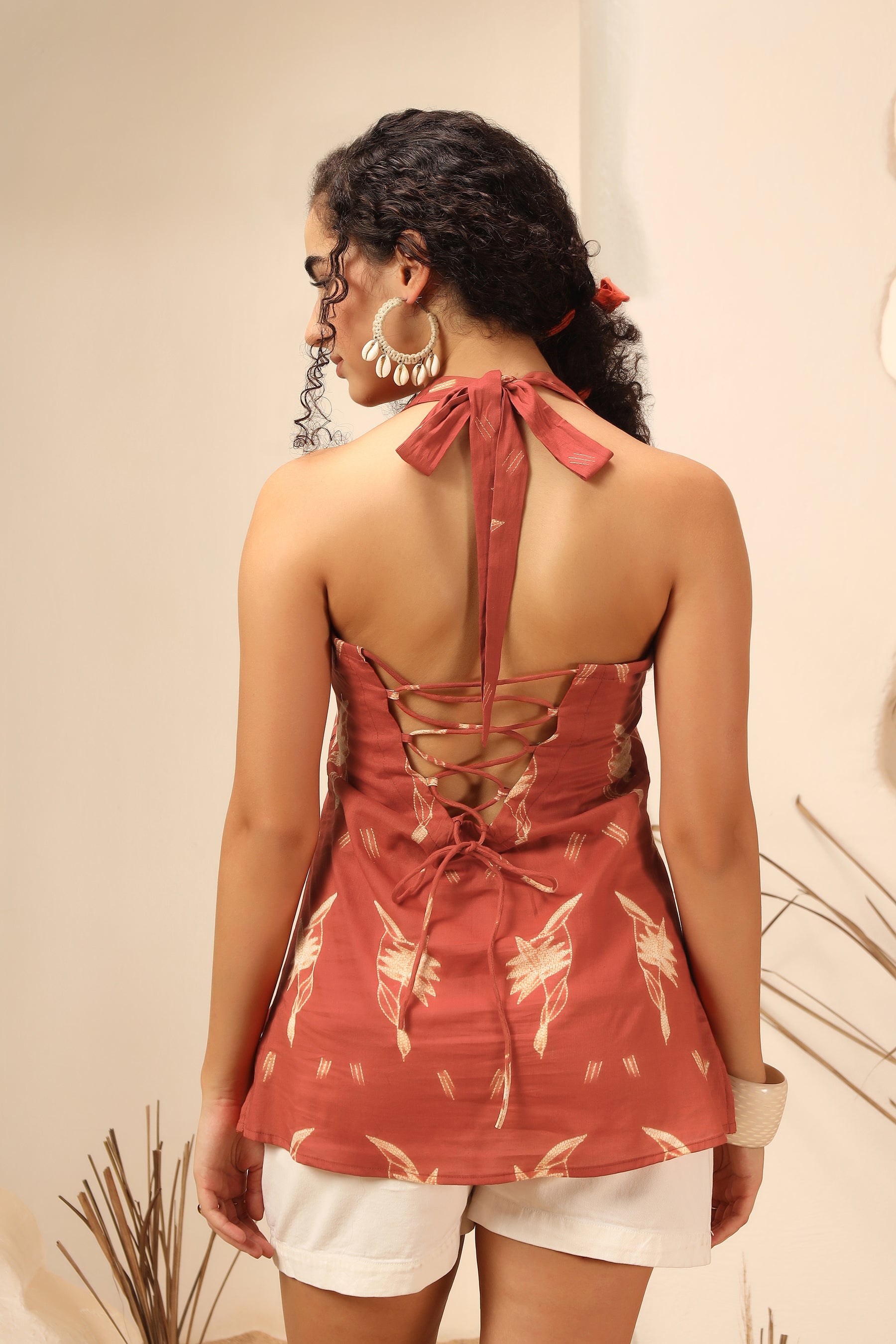 Kokum red shibori tie-dye cotton halter top, sleeveless summer top - World of Toji