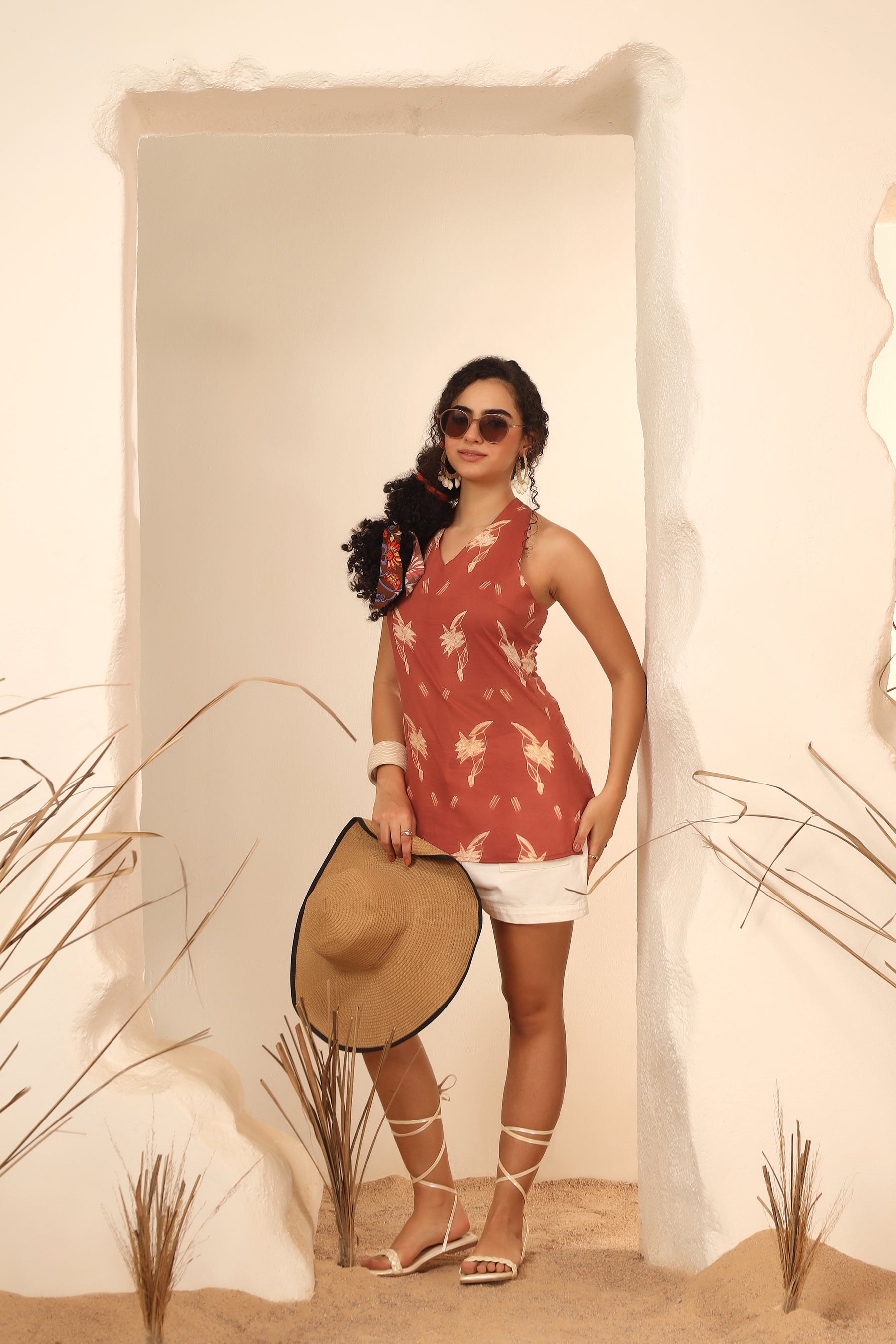 Kokum red shibori tie-dye cotton halter top, sleeveless summer top - World of Toji