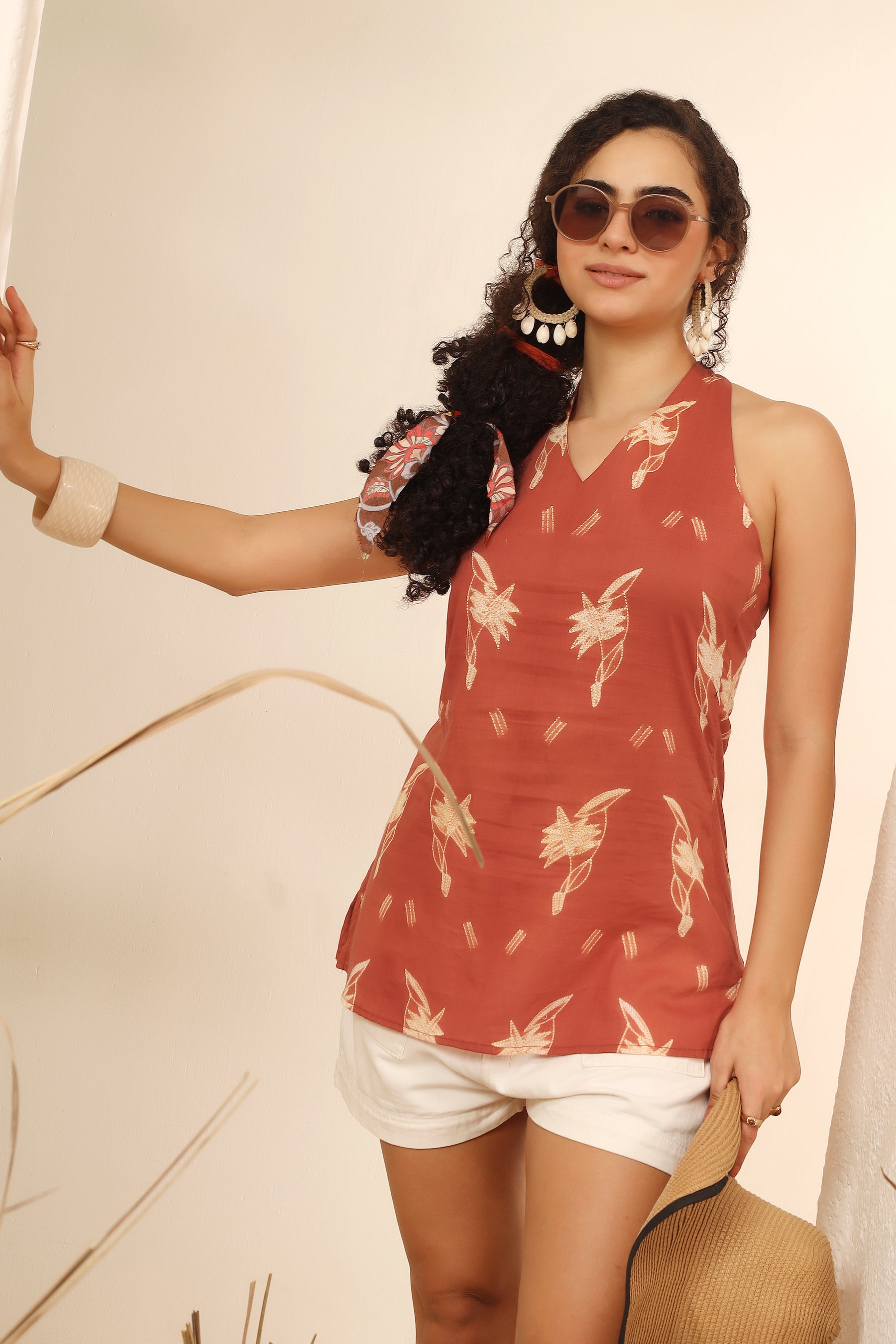 Kokum red shibori tie-dye cotton halter top, sleeveless summer top - World of Toji