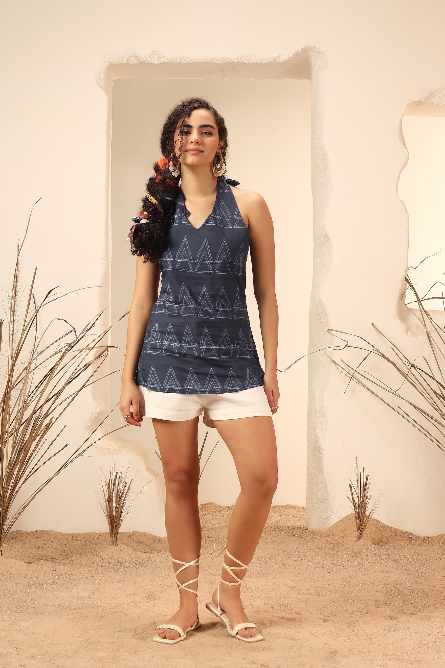 Kala Khatta black shibori tie-dye cotton halter top for women - World of Toji