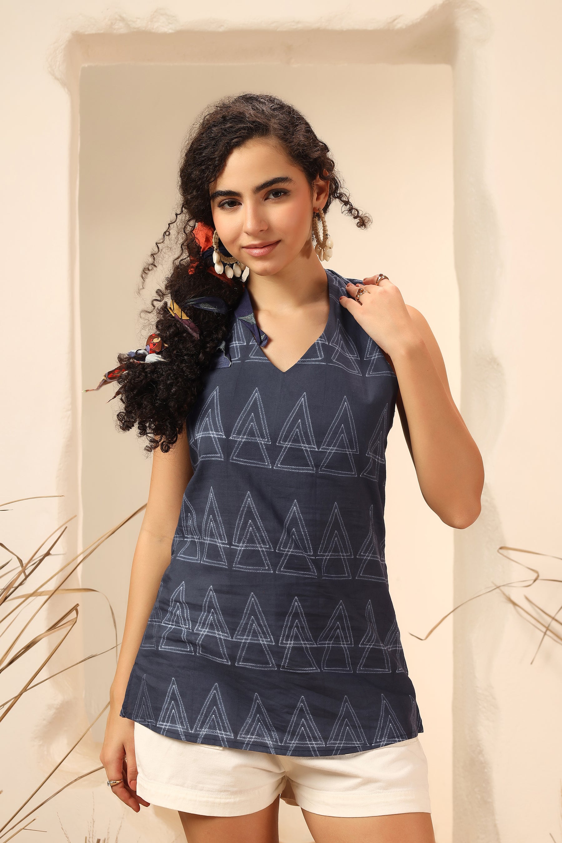 Kala Khatta black shibori tie-dye cotton halter top for women - World of Toji