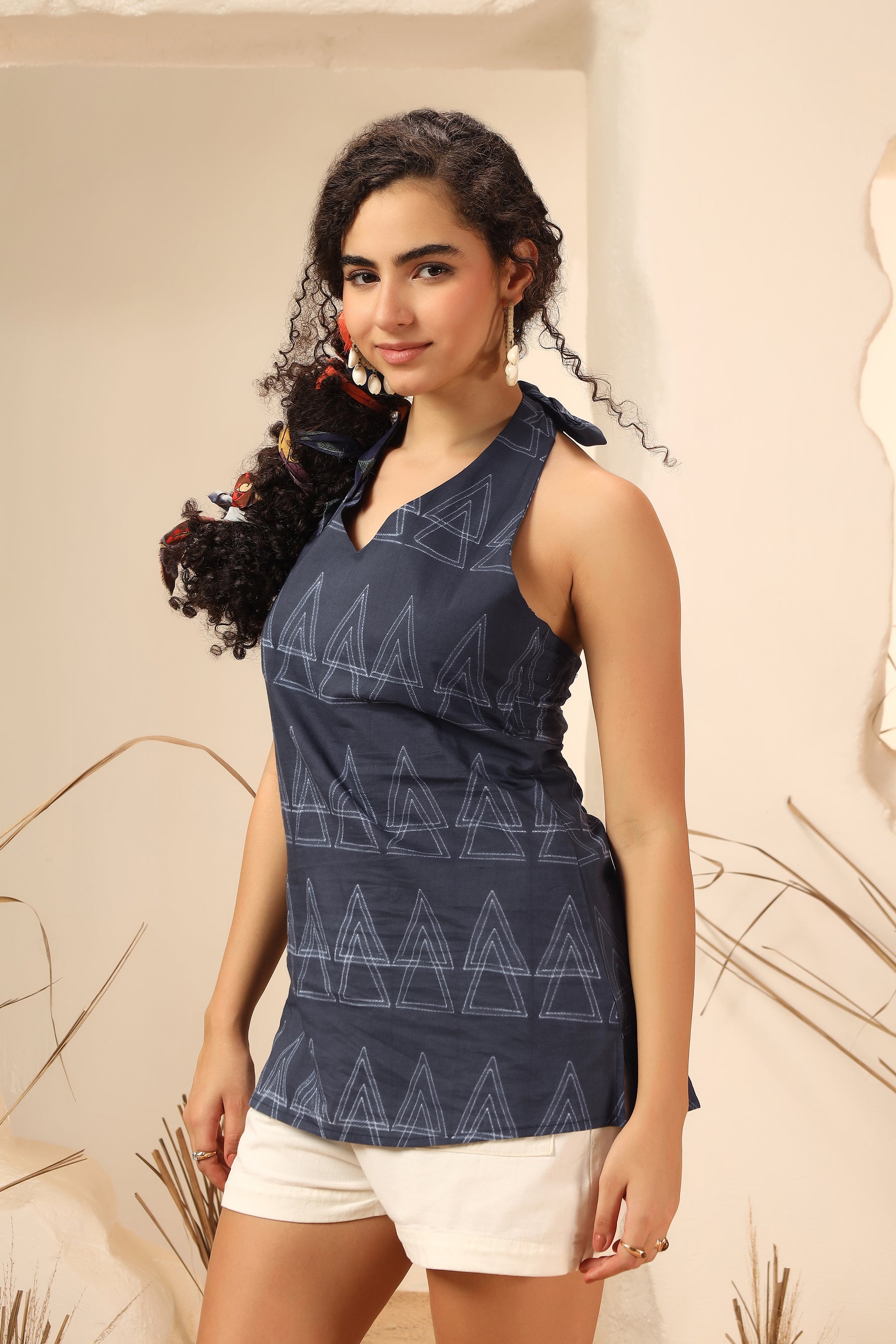 Kala Khatta black shibori tie-dye cotton halter top for women - World of Toji