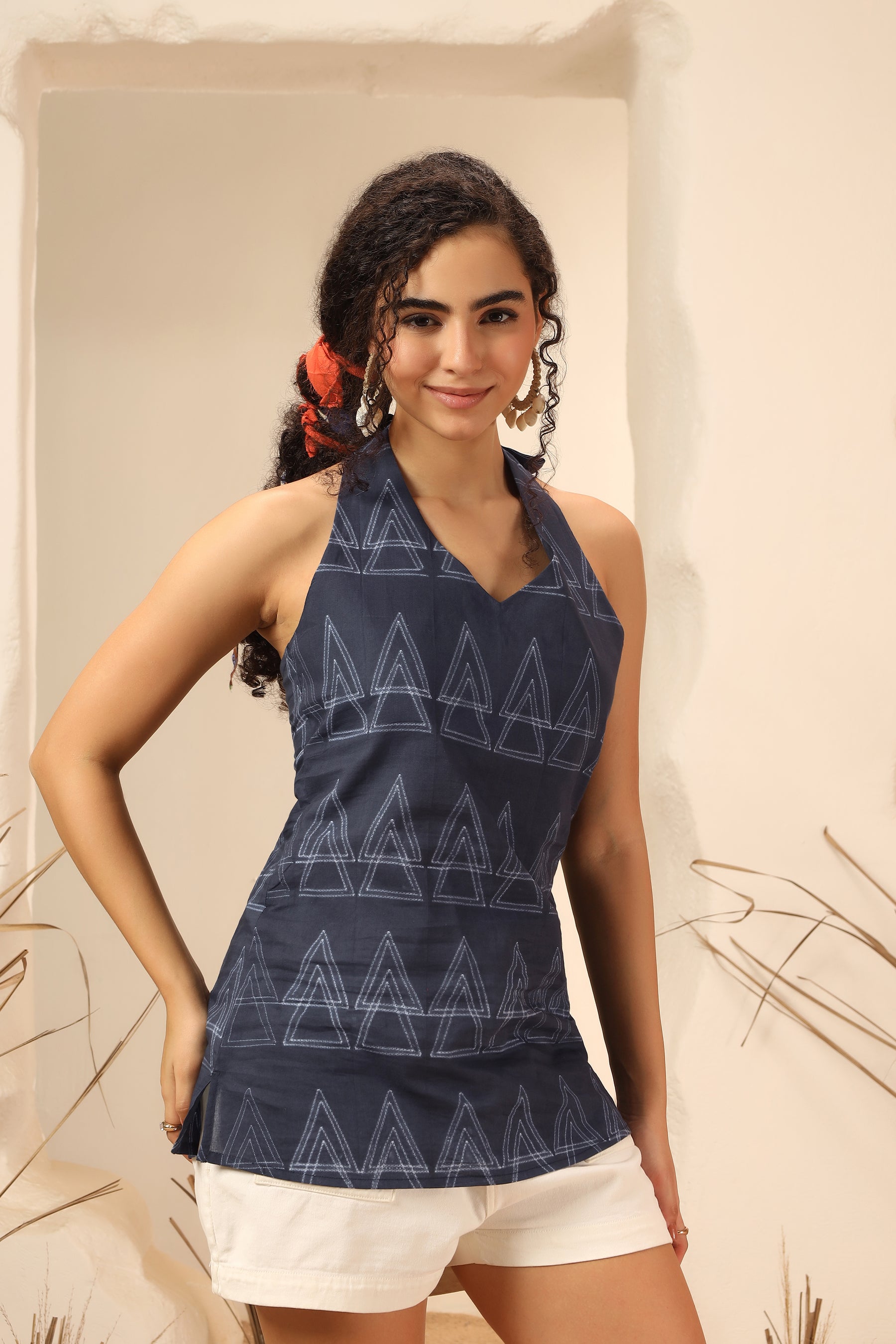 Kala Khatta black shibori tie-dye cotton halter top for women - World of Toji