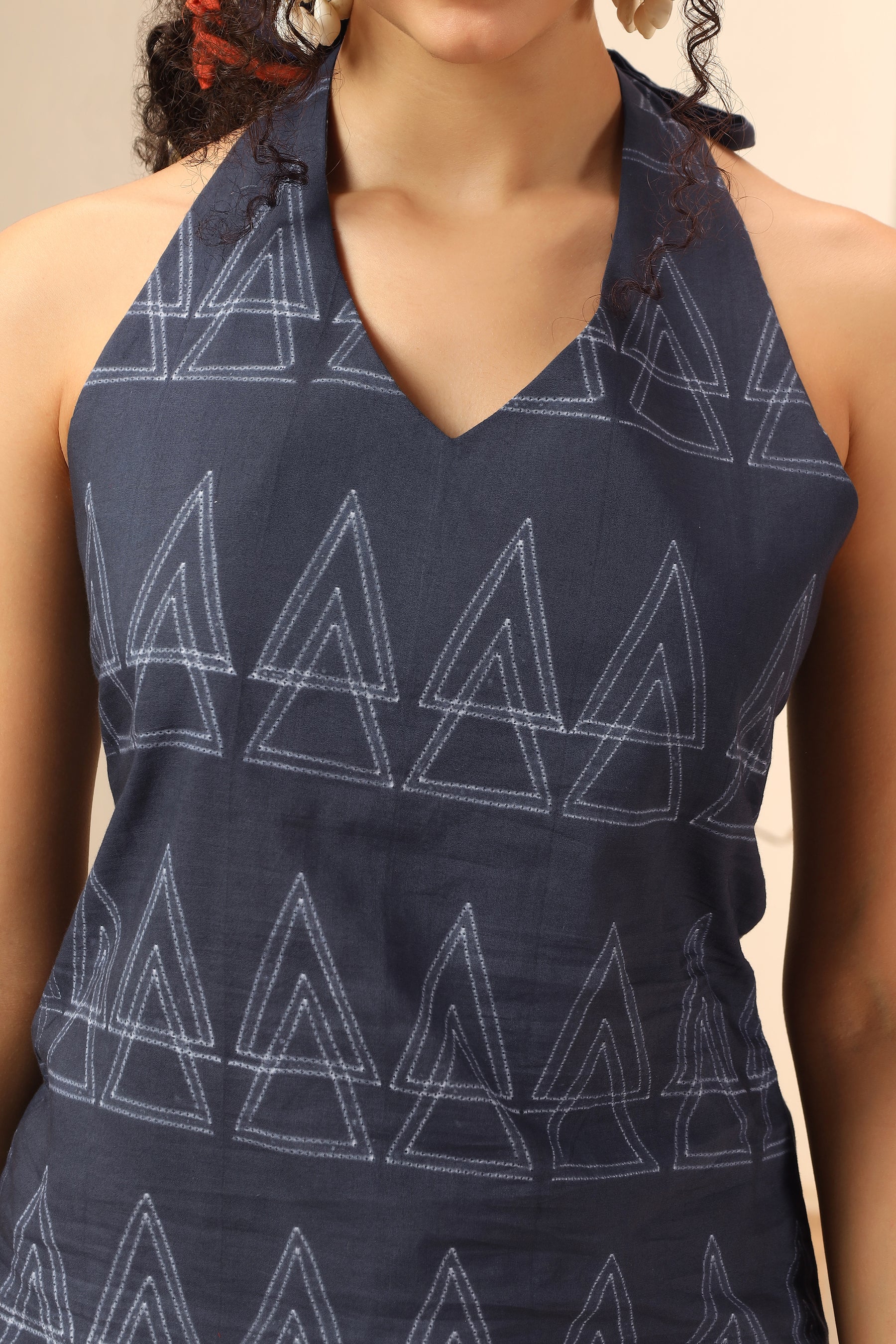 Kala Khatta black shibori tie-dye cotton halter top for women - World of Toji