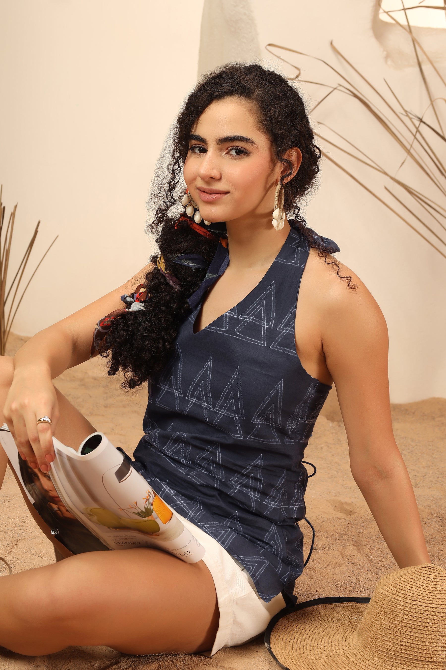 Kala Khatta black shibori tie-dye cotton halter top for women - World of Toji