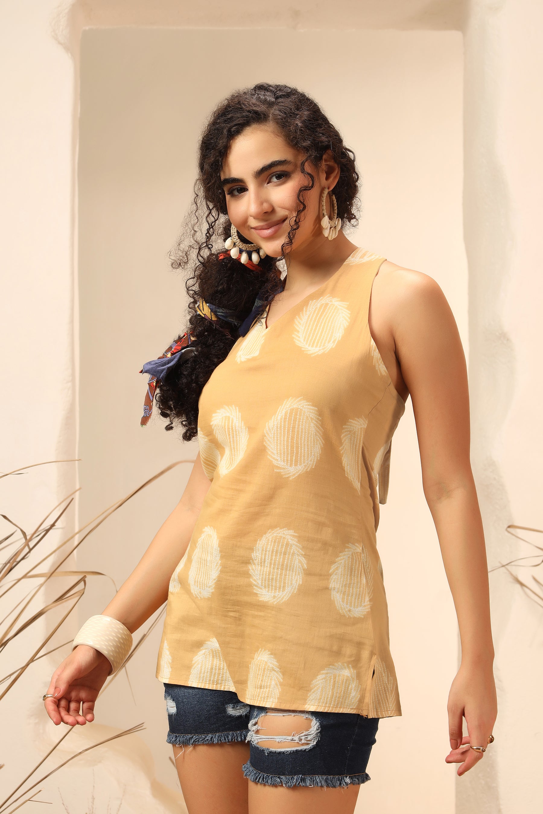 Aamras yellow shibori tie-dye cotton halter top, sleeveless summer style - World of Toji