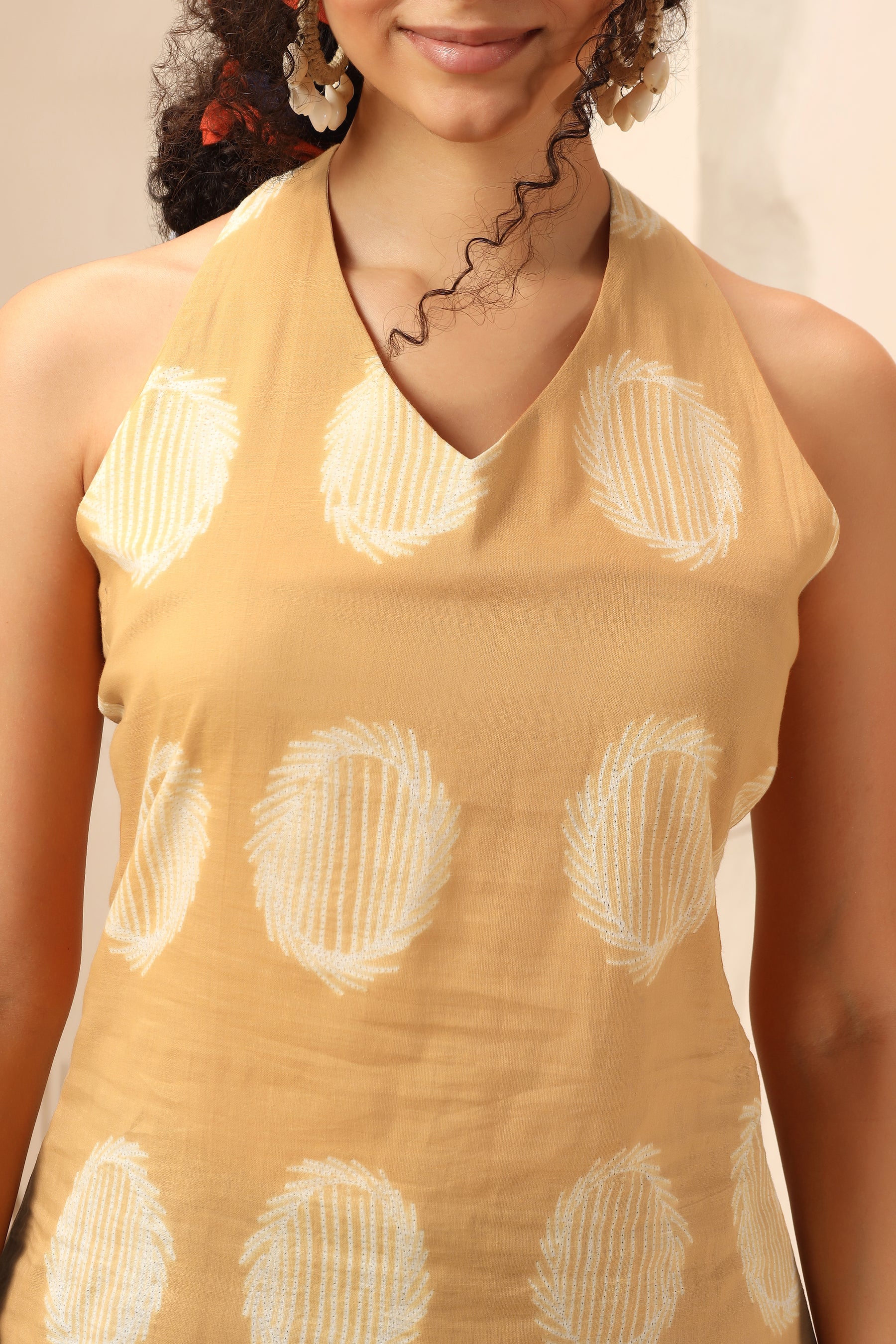 Aamras yellow shibori tie-dye cotton halter top, sleeveless summer style - World of Toji