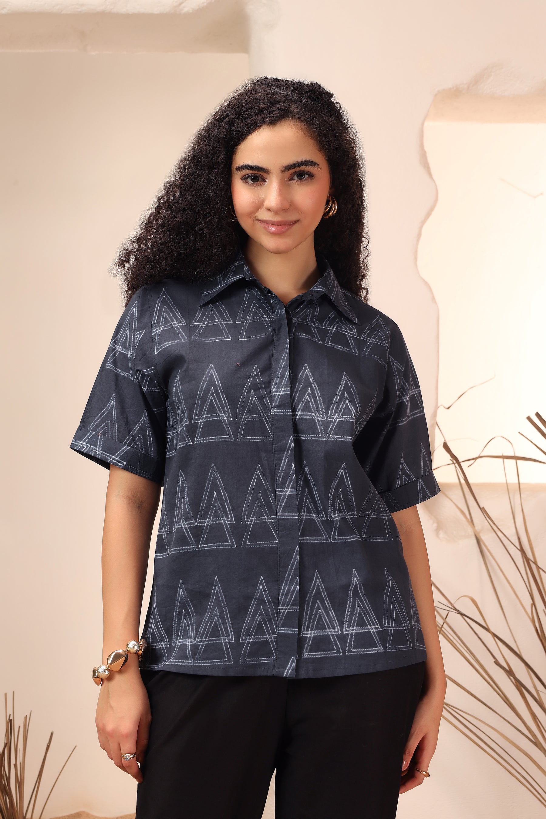 Kala Khatta black shibori tie-dye cotton shirt for women - World of Toji