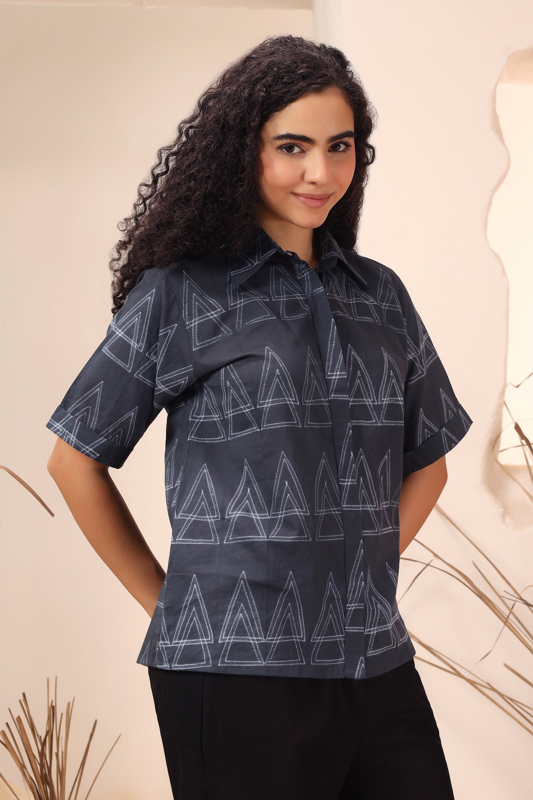 Kala Khatta black shibori tie-dye cotton shirt for women - World of Toji