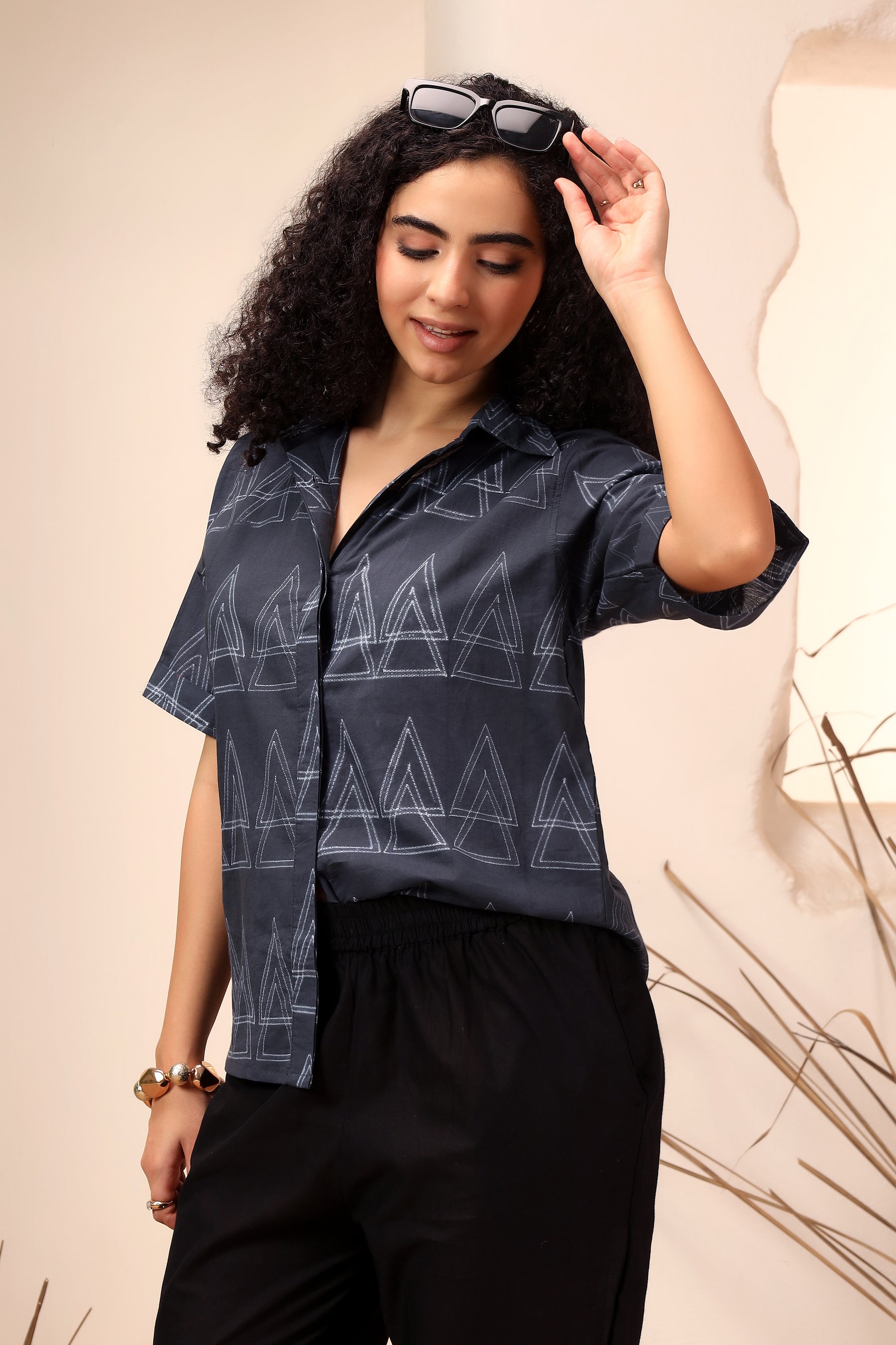 Kala Khatta black shibori tie-dye cotton shirt for women - World of Toji