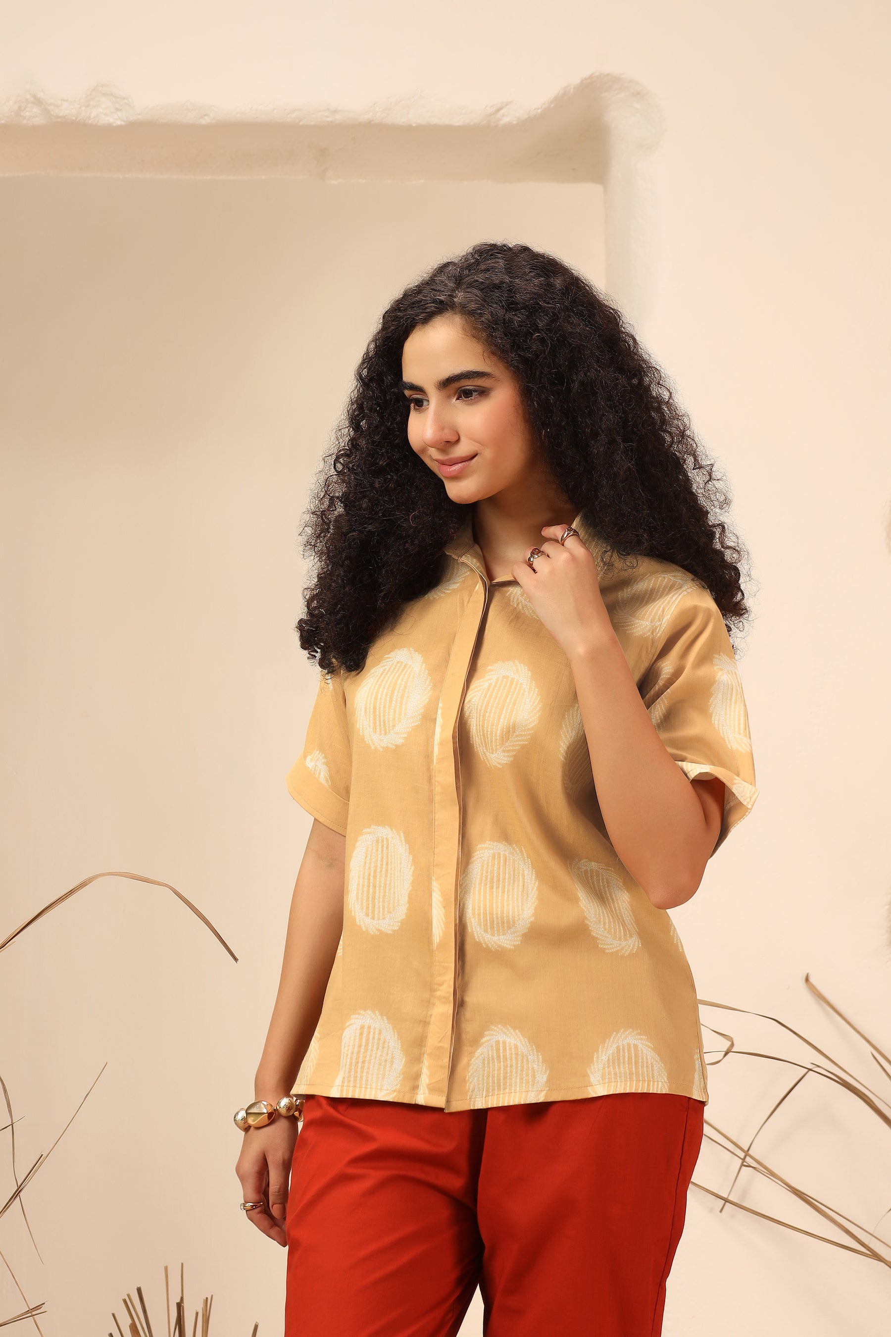 Aamras yellow shibori tie-dye cotton shirt for women, relaxed fit - World of Toji