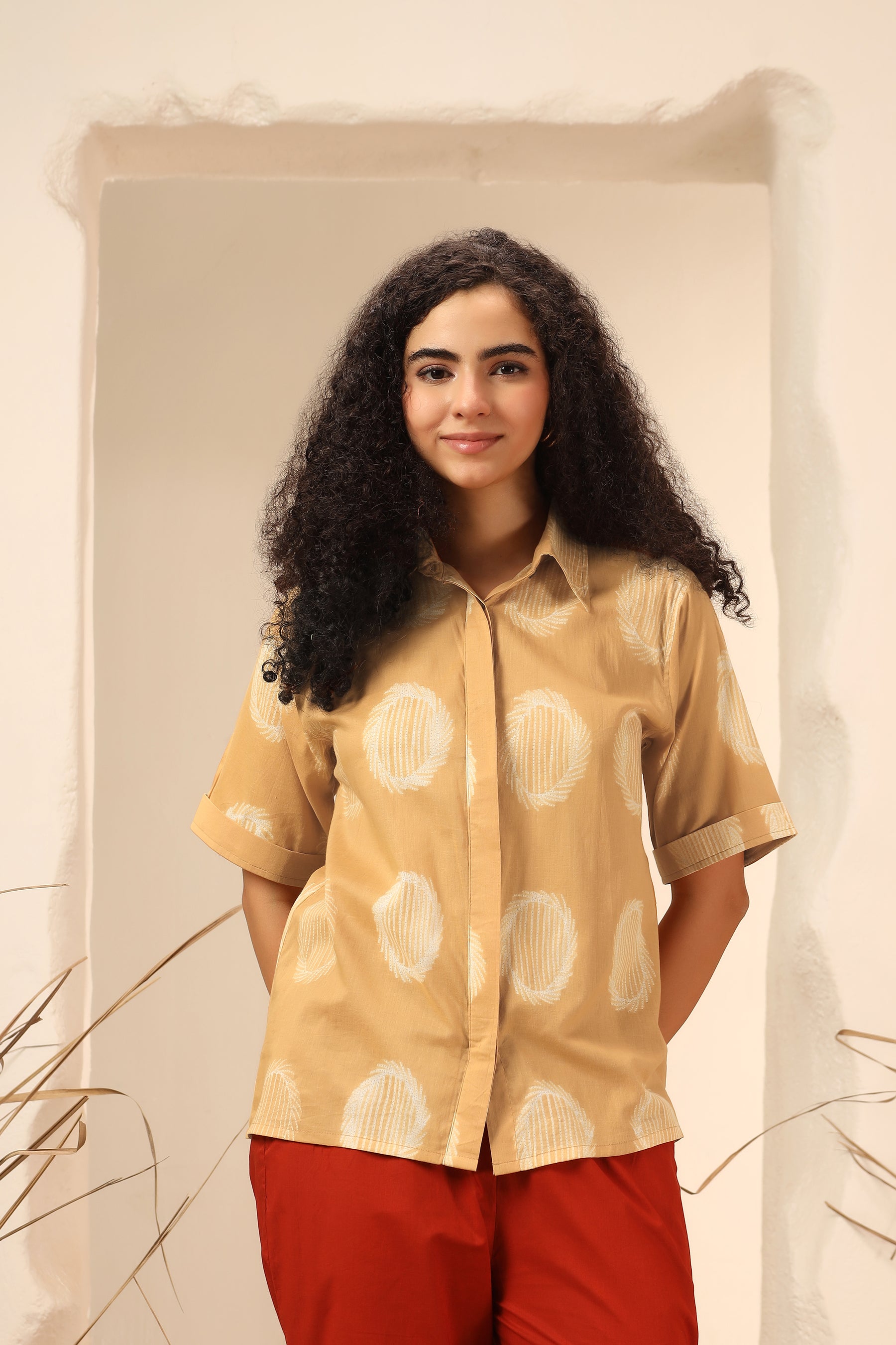 Aamras yellow shibori tie-dye cotton shirt for women, relaxed fit - World of Toji