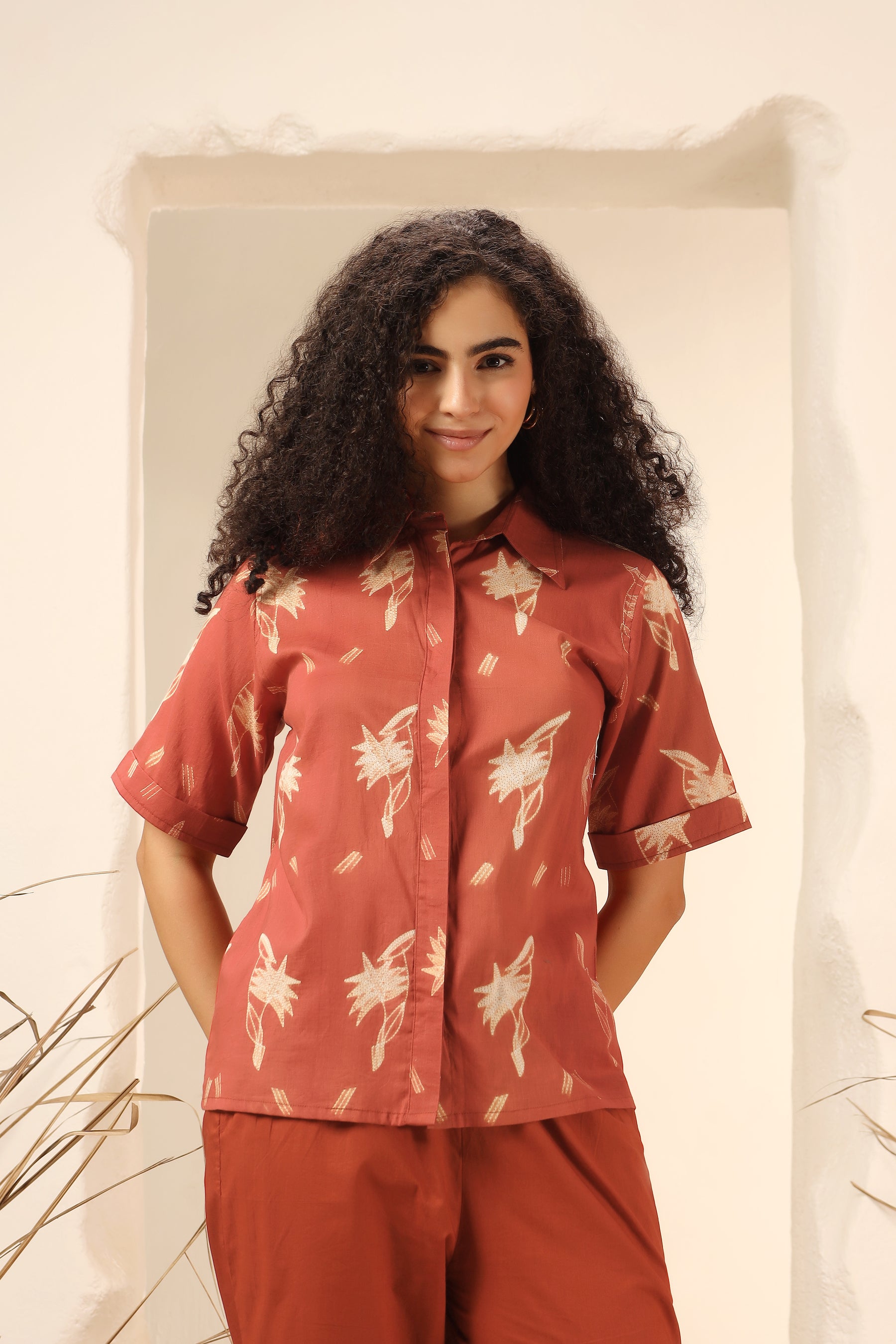Kokum red shibori tie-dye cotton shirt for women, relaxed fit - World of Toji