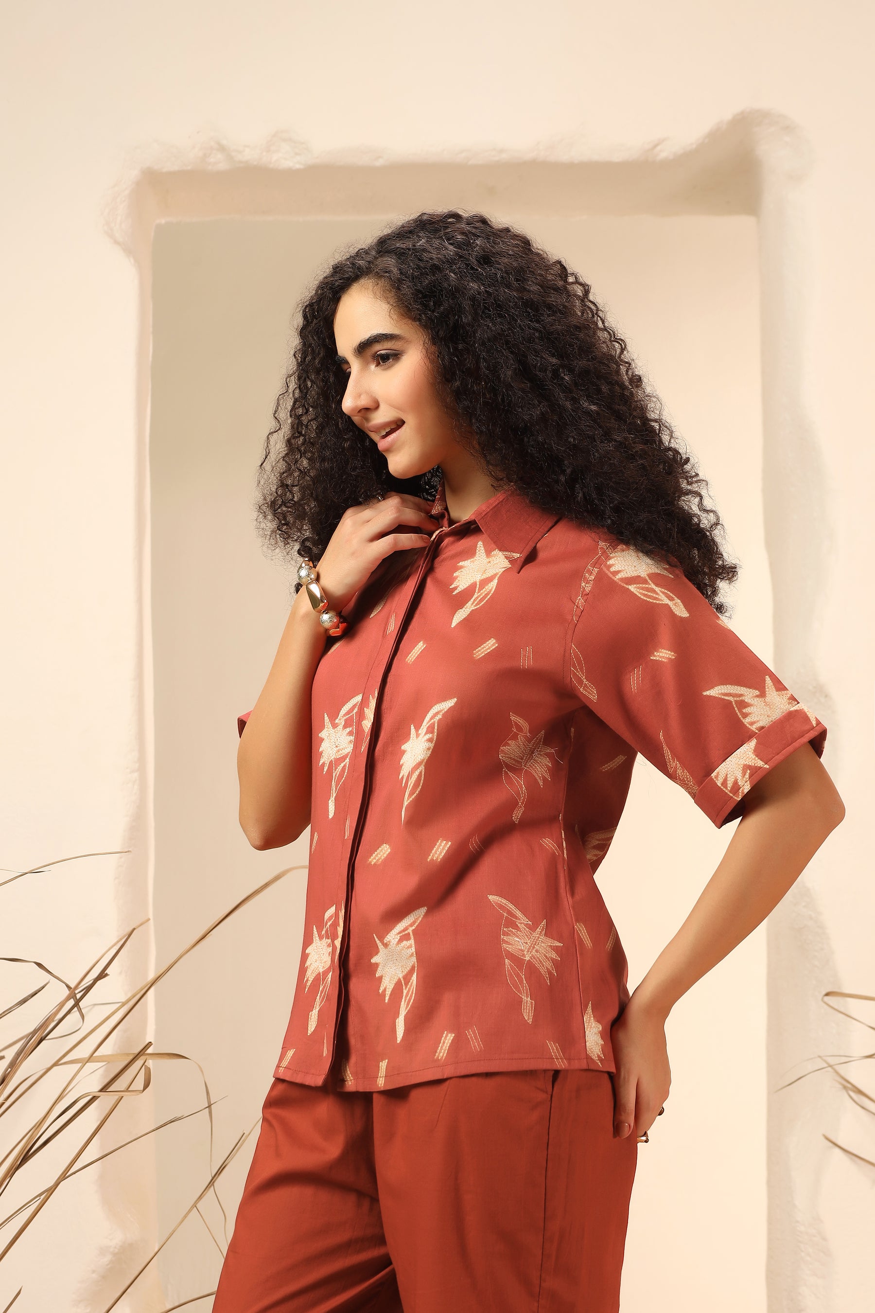 Kokum red shibori tie-dye cotton shirt for women, relaxed fit - World of Toji