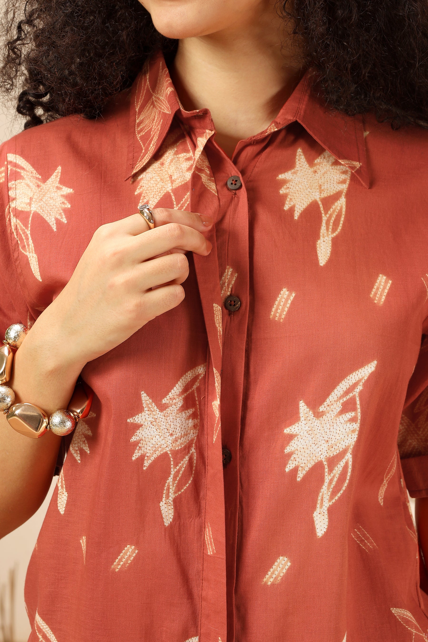 Kokum red shibori tie-dye cotton shirt for women, relaxed fit - World of Toji
