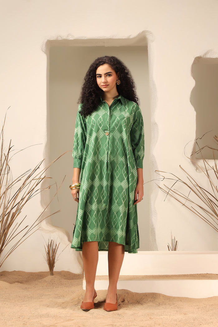 Khus Green Shibori Cotton Dress