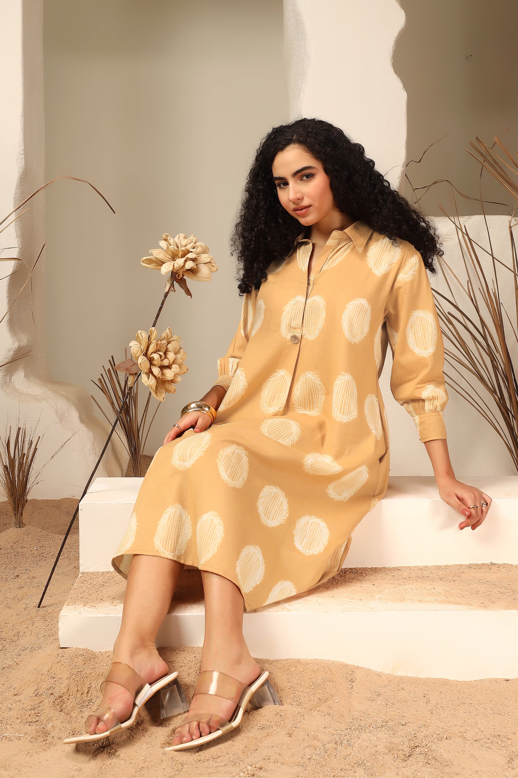 Aamras yellow shibori tie-dye cotton dress, handcrafted summer wear - World of Toji