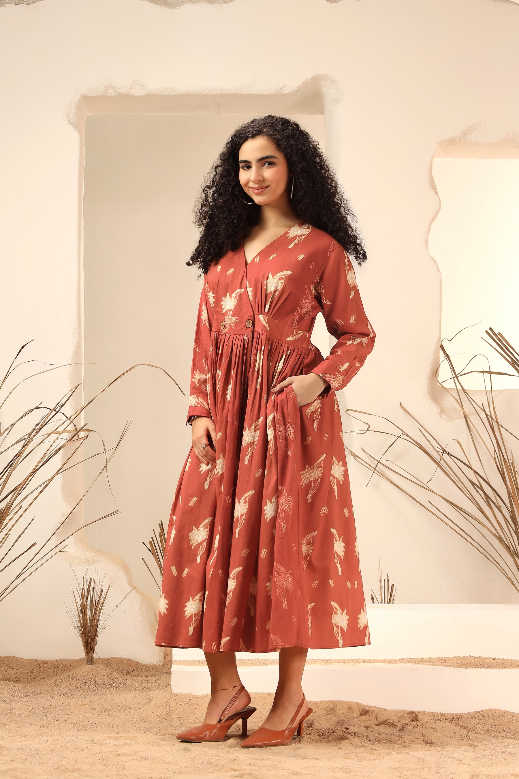 Kokum red shibori tie-dye cotton wrap dress with flowy silhouette - World of Toji