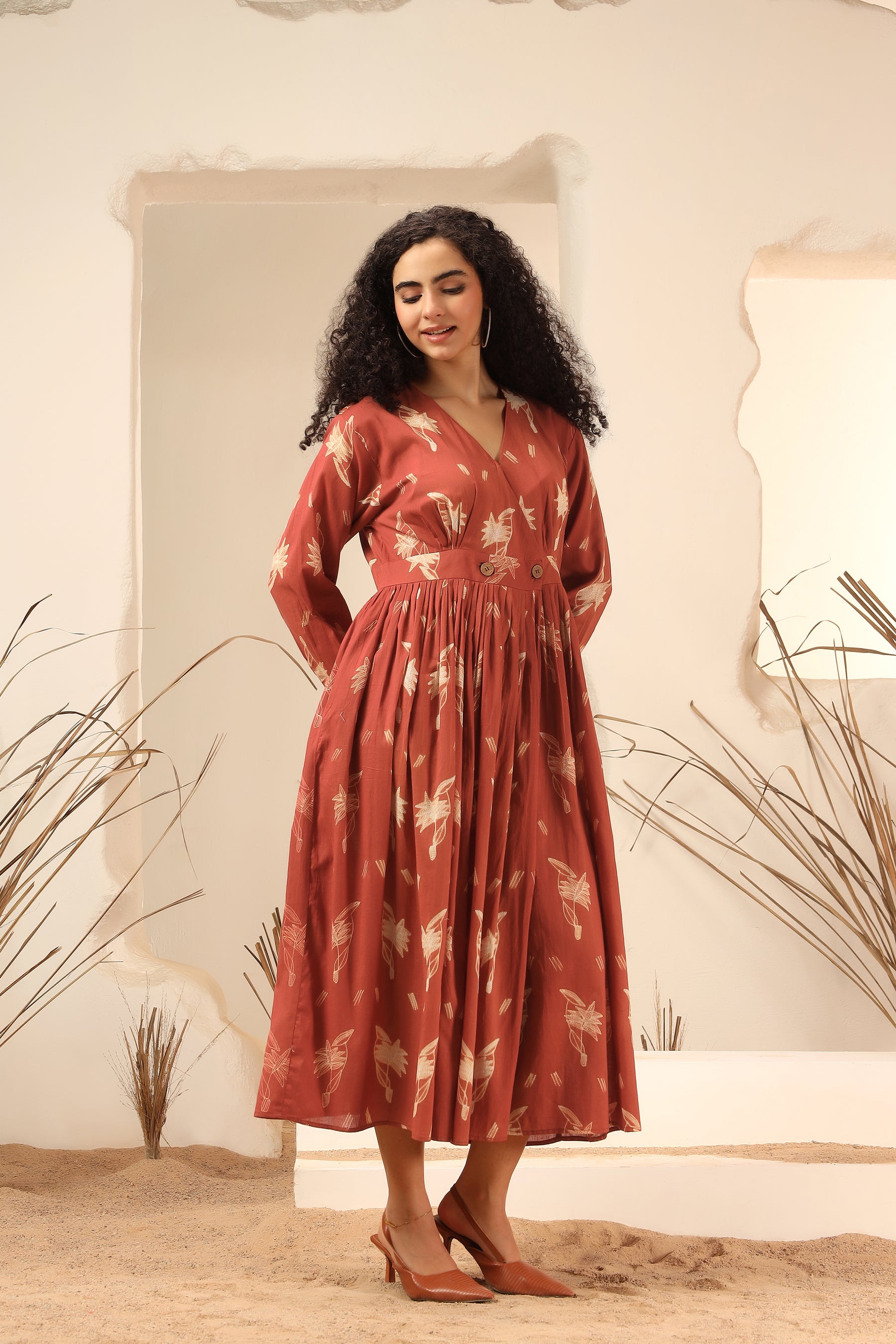 Kokum red shibori tie-dye cotton wrap dress with flowy silhouette - World of Toji
