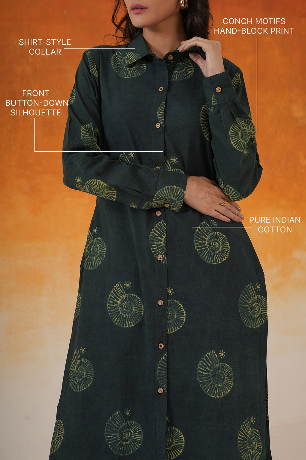 Conch shirt-style Ajrakh cotton kurta in bottle green - World of Toji