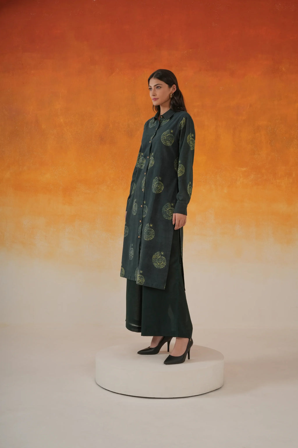 Conch Shirt Style Ajrakh Cotton Kurta - Bottle Green