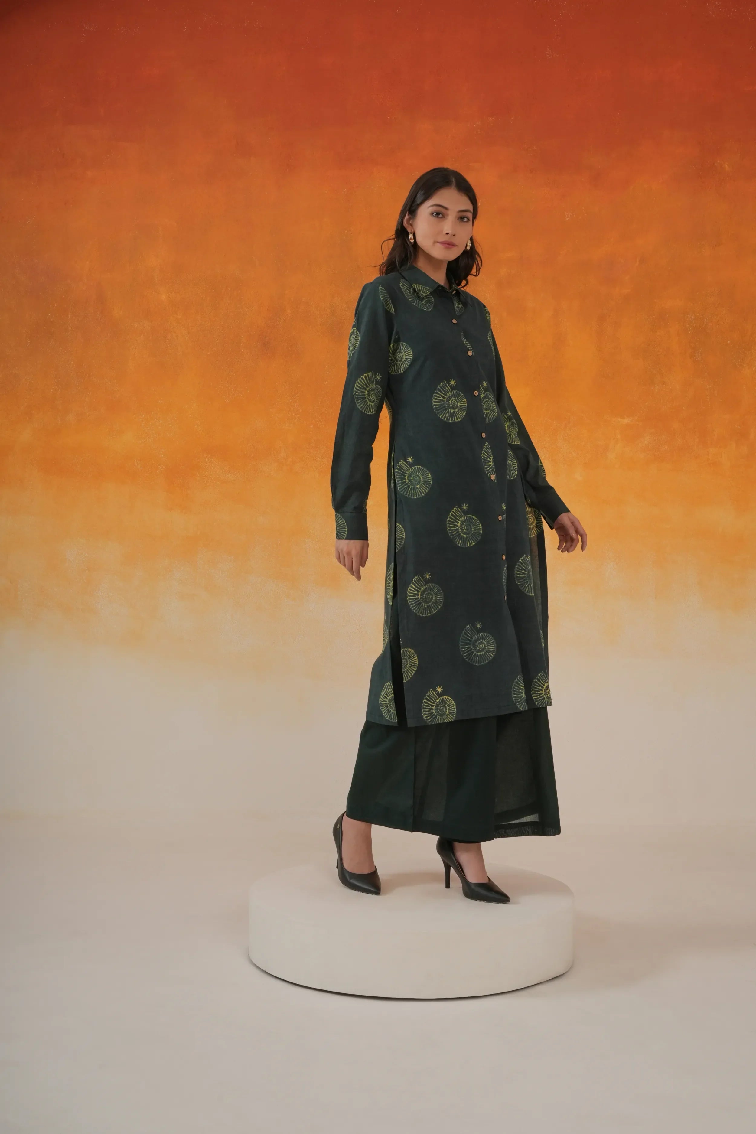 Conch Shirt Style Ajrakh Cotton Kurta - Bottle Green