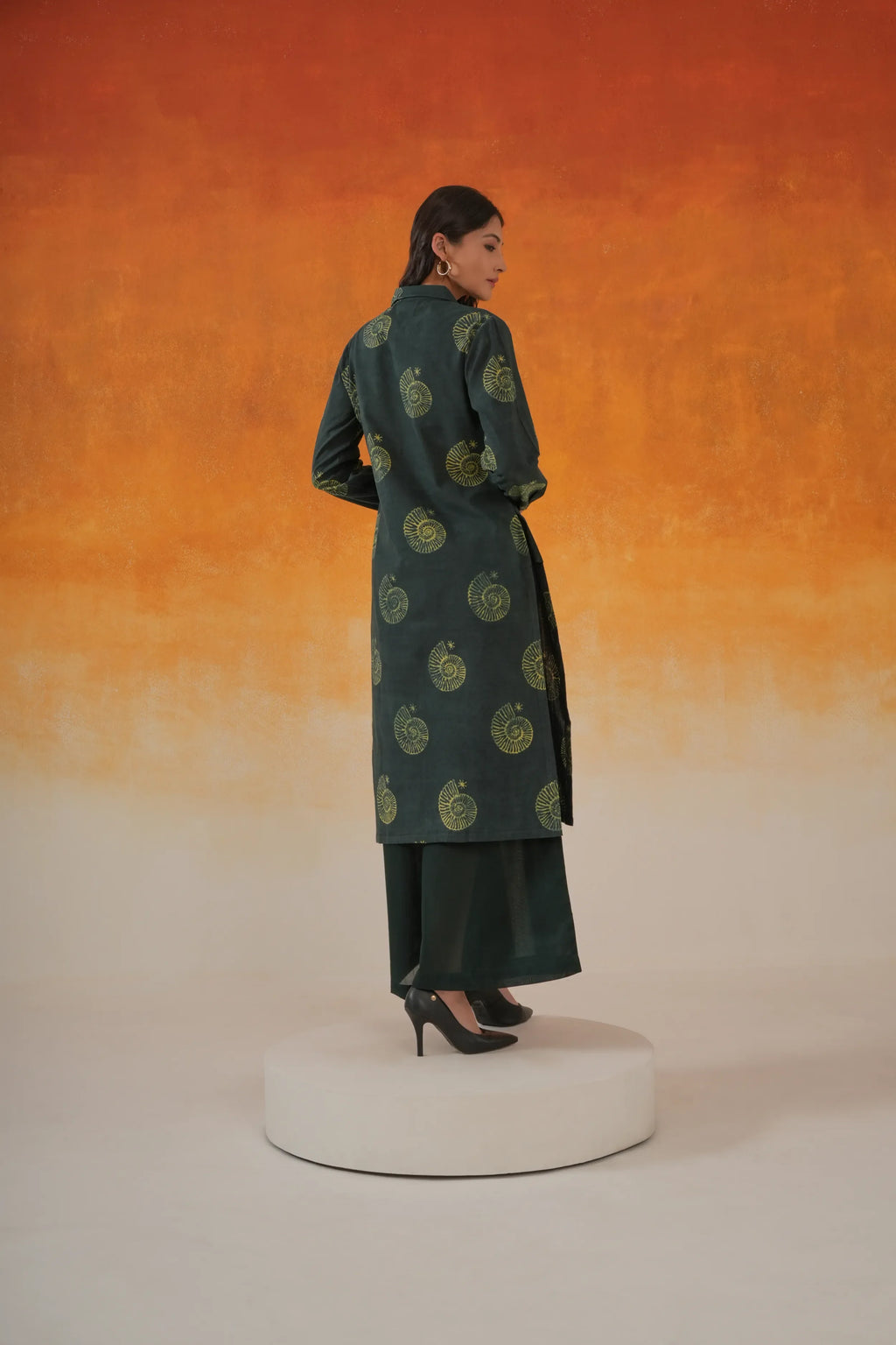 Conch shirt-style Ajrakh cotton kurta in bottle green
